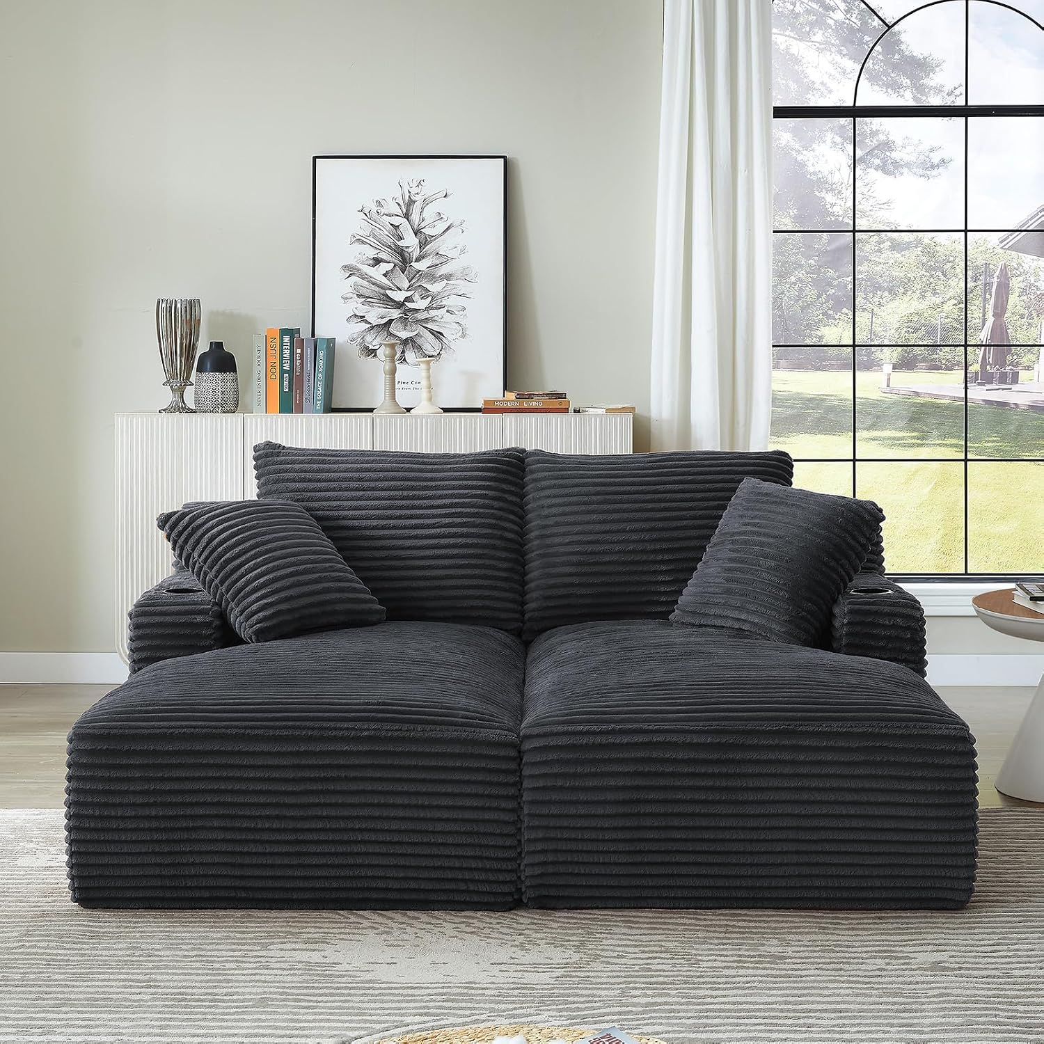 Oversized Double Lounge Chaise Chair Indoor, Cloud Sofa Bed with Cup Holders and Side Pockets, Corduroy Boneless Couch Deep Seat Sleeper Loveseat Reading Chair for Living Room, No Assembly, Dark Gray