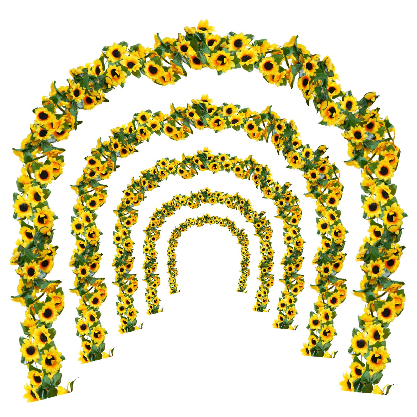 Bacucine Yellow, Green 6Pcs Artificial Sunflower Garland 7.5Ft Silk Sunflower Hanging Vine Artificial Flowers With Green Leaves For Home Wedding Party Garden Table Decor