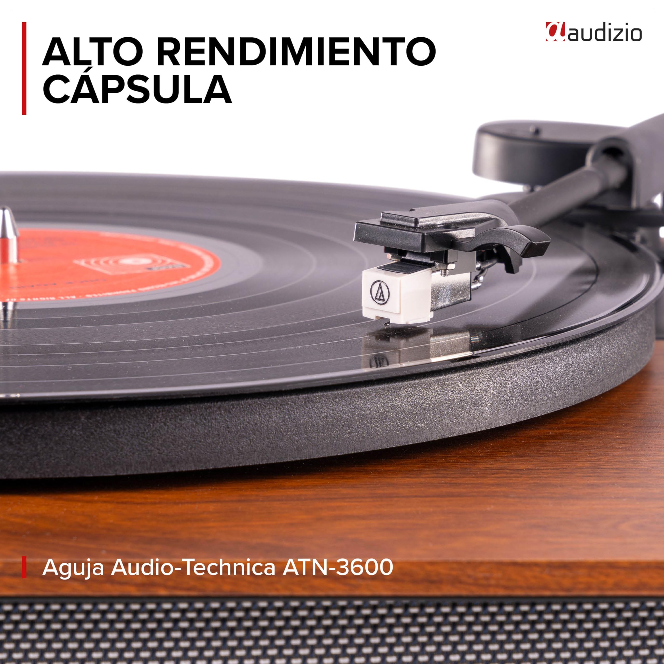 Audizio Laredo - Tocadiscos con BT portátil + Maleta RC37 marrón Oscuro | Bluetooth incorporado, diseño portátil y cápsula Audio Technica, sonido estéreo, para tu salón de estilo retro clásico