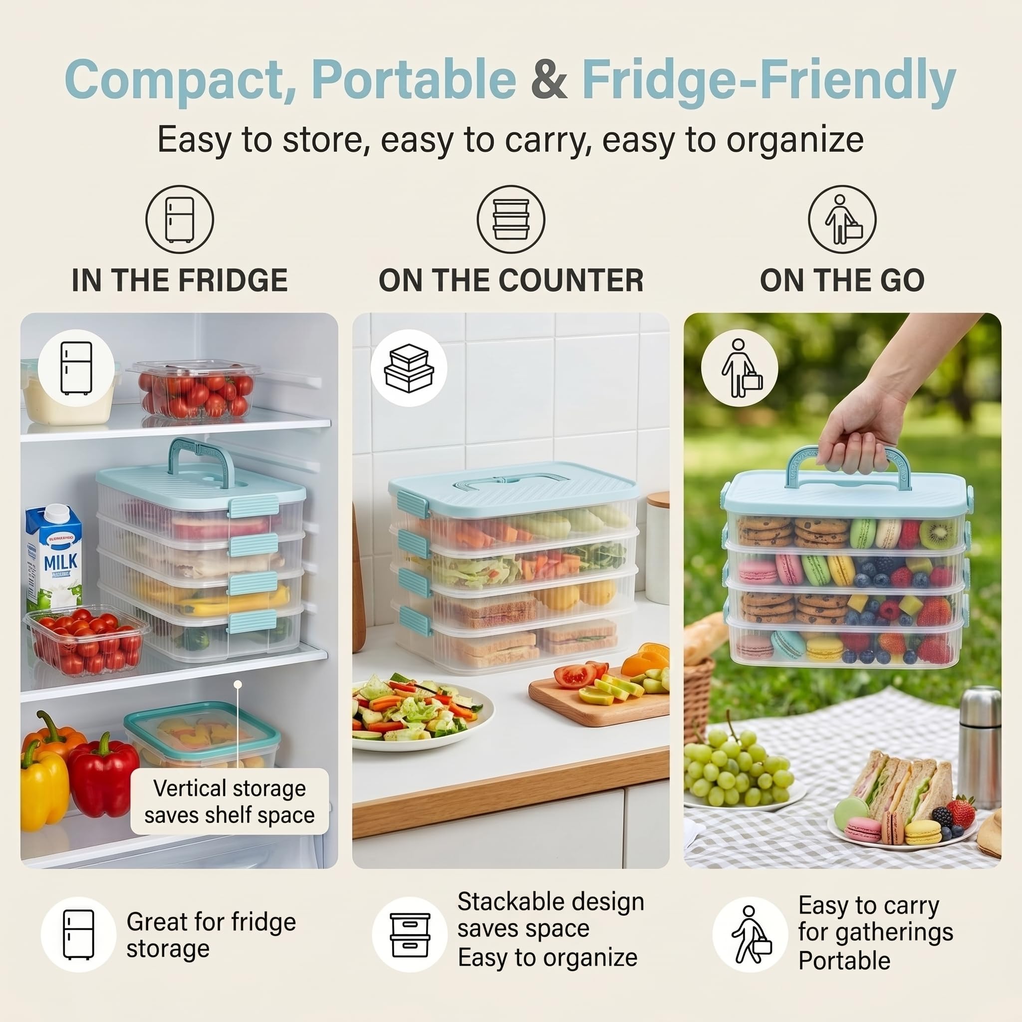 Contenedor de almacenamiento de 4 capas, capa extra alta de 1.61 pulgadas, portador de galletas, caja de albóndigas, recipiente apilable para alimentos (blanco y verde menta)