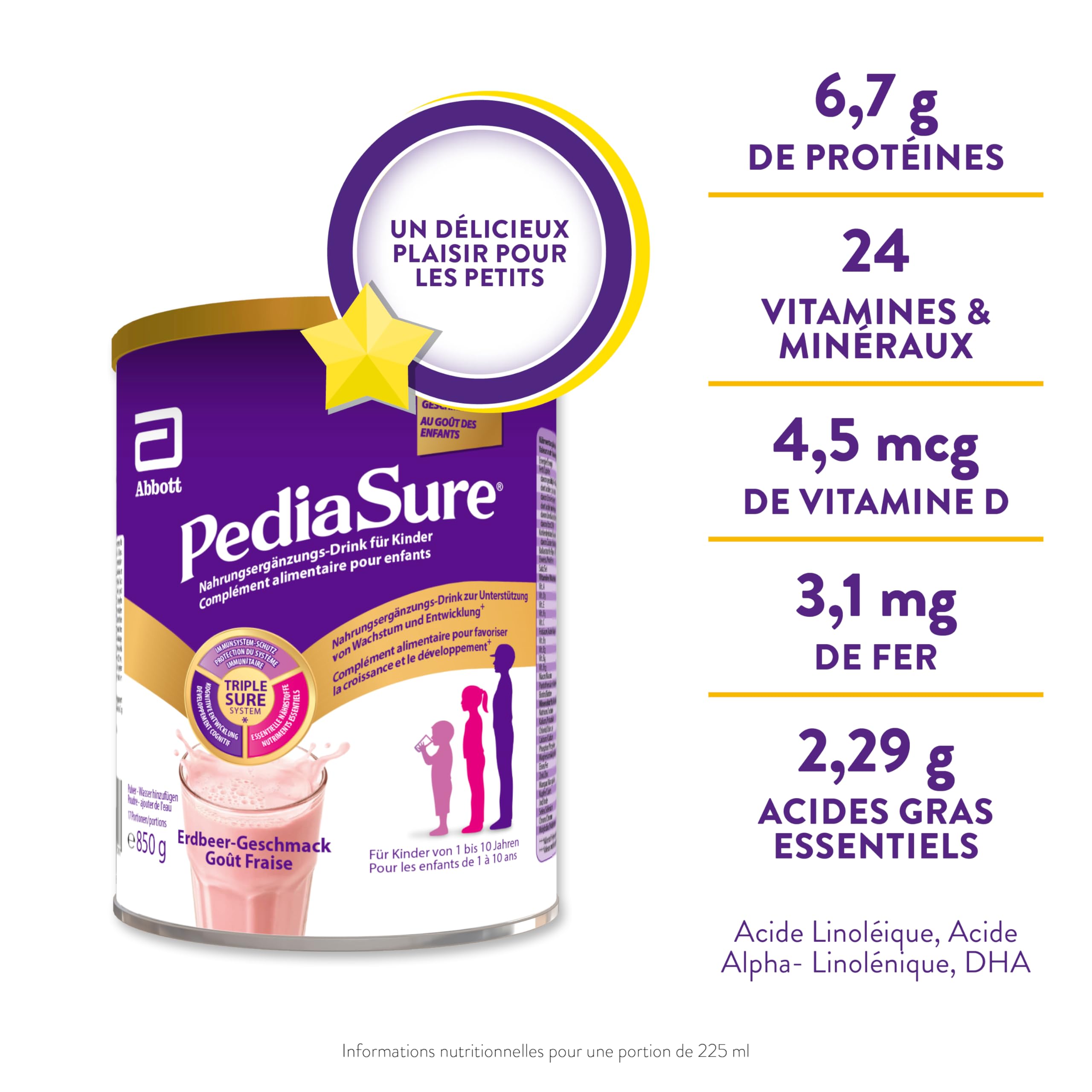 PediaSure Shake Fraise - Complément alimentaire pour enfants - Shake contenant multivitamines et minéraux, des protéines et des oméga 3 et 6 - À partir de 1 an - 1 x 850 g