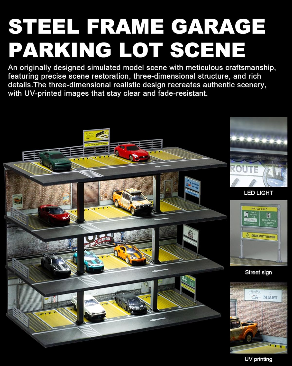 1/64 Display Case 4 Layers with 20 Parking Garage for Toy Cars lot Mold, Scale Diecast Display Case with Led Lights Collection Gifts