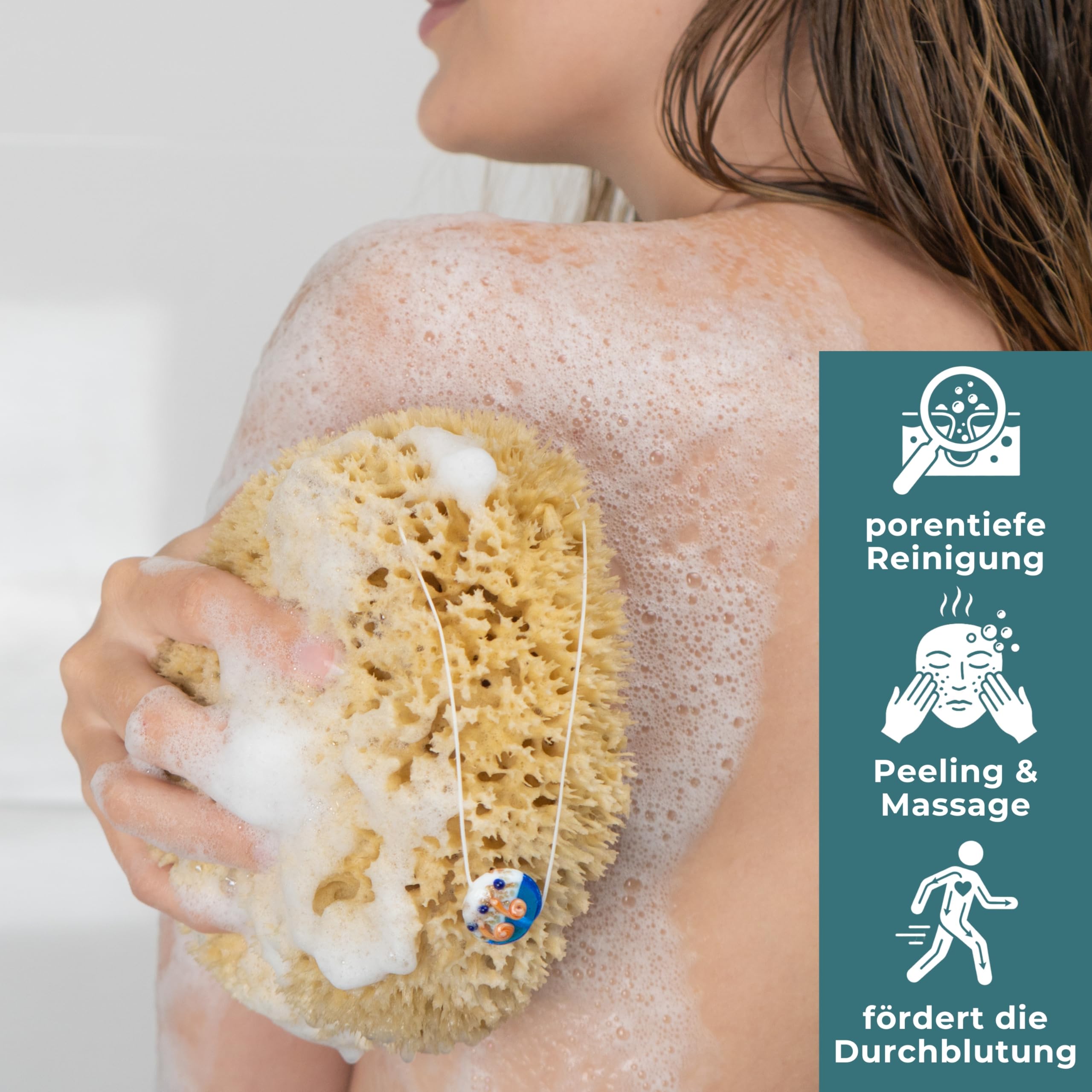 tom&pat® Naturschwamm Duschschwamm Badeschwamm mit Kordel & Glasanhänger Peeling-Effekt ungebleicht 15-16 cm