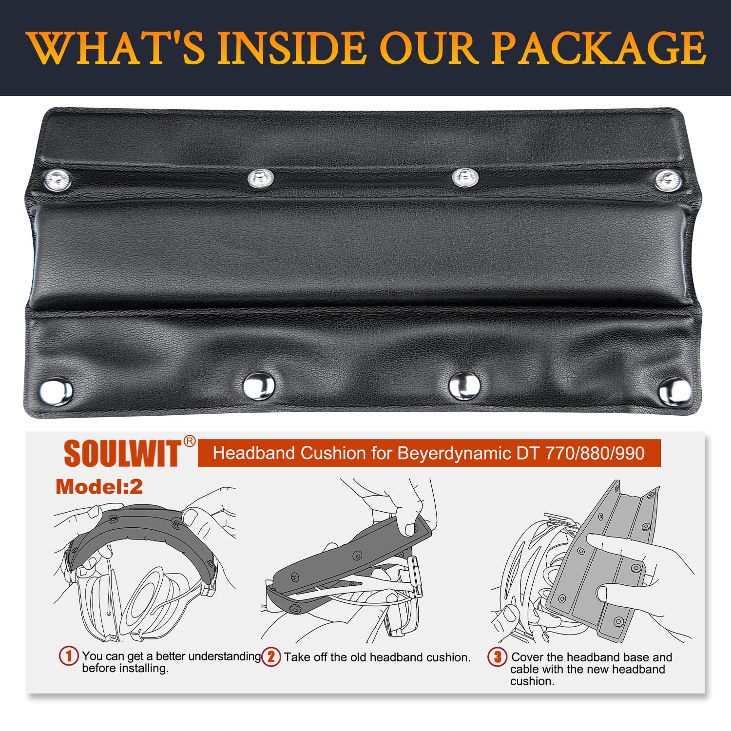 SOULWIT Replacement Headband Pad Kit for Beyerdynamic DT770/DT770M/DT770Pro/DT770 Pro HT/DT 790/DT797/DT880/DT880 Pro/DT880 Pro HT/DT990/DT990 Pro/HS200/HS400/MMX 300 (2nd Generation) - Black 3