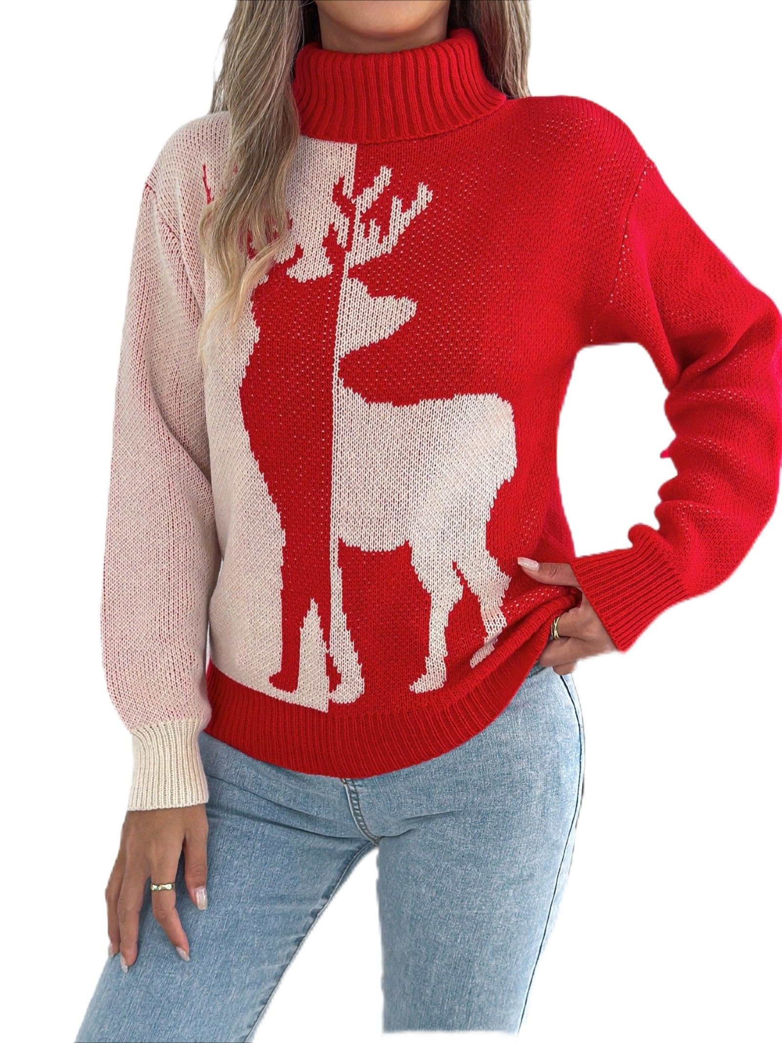 Womens Christmas Sweater Snowflake Reindeer Checkered Color Block Pullover Knit Winter Trendy Fashion Xmas Tops