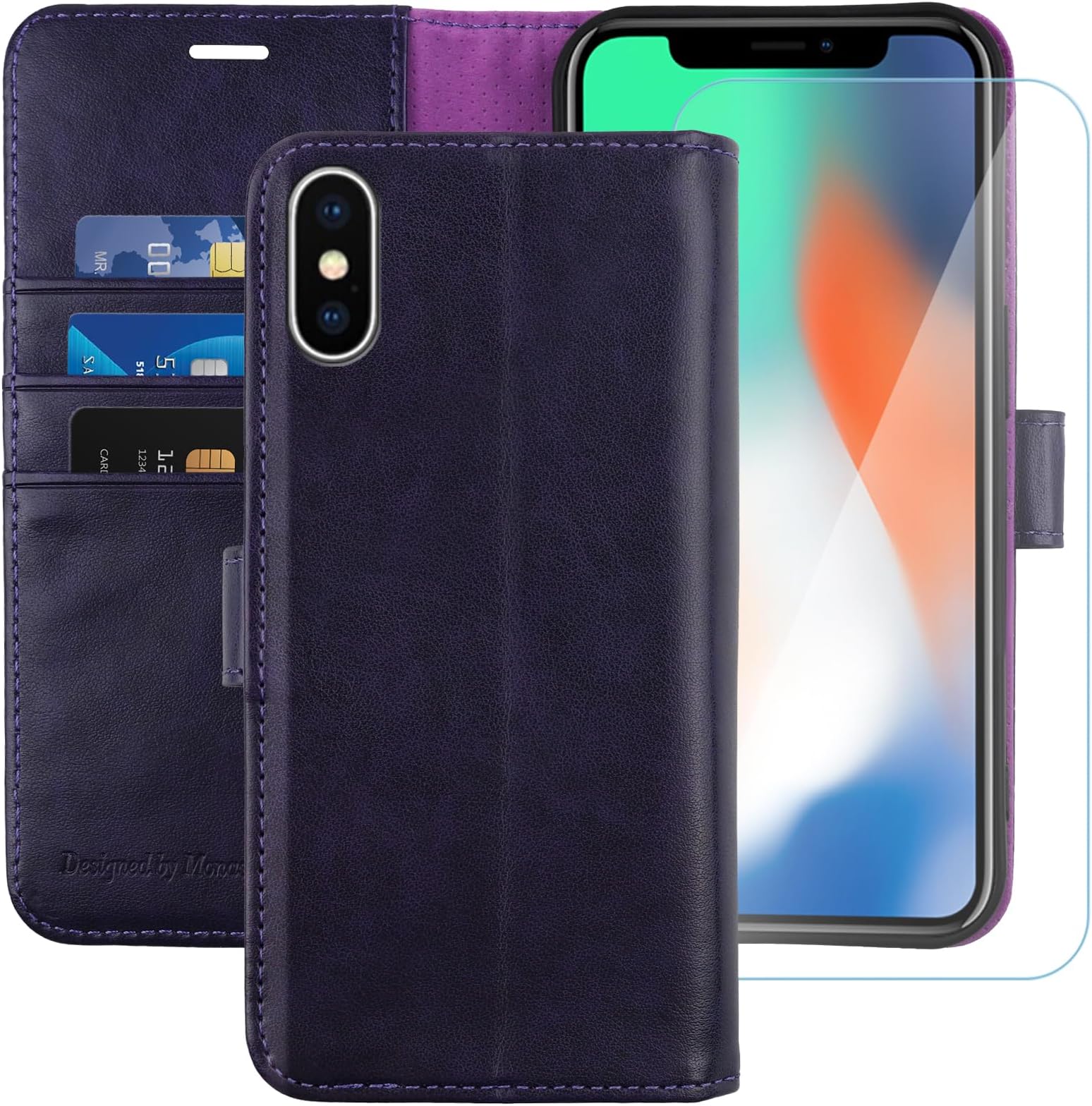 MONASAY Wallet Case Compatible for iPhone X/iPhone Xs, 5.8-inch, [Glass Screen Protector Included] [RFID Blocking] Flip Folio Leather Cell Phone Cover with Credit Card Holder,Purple