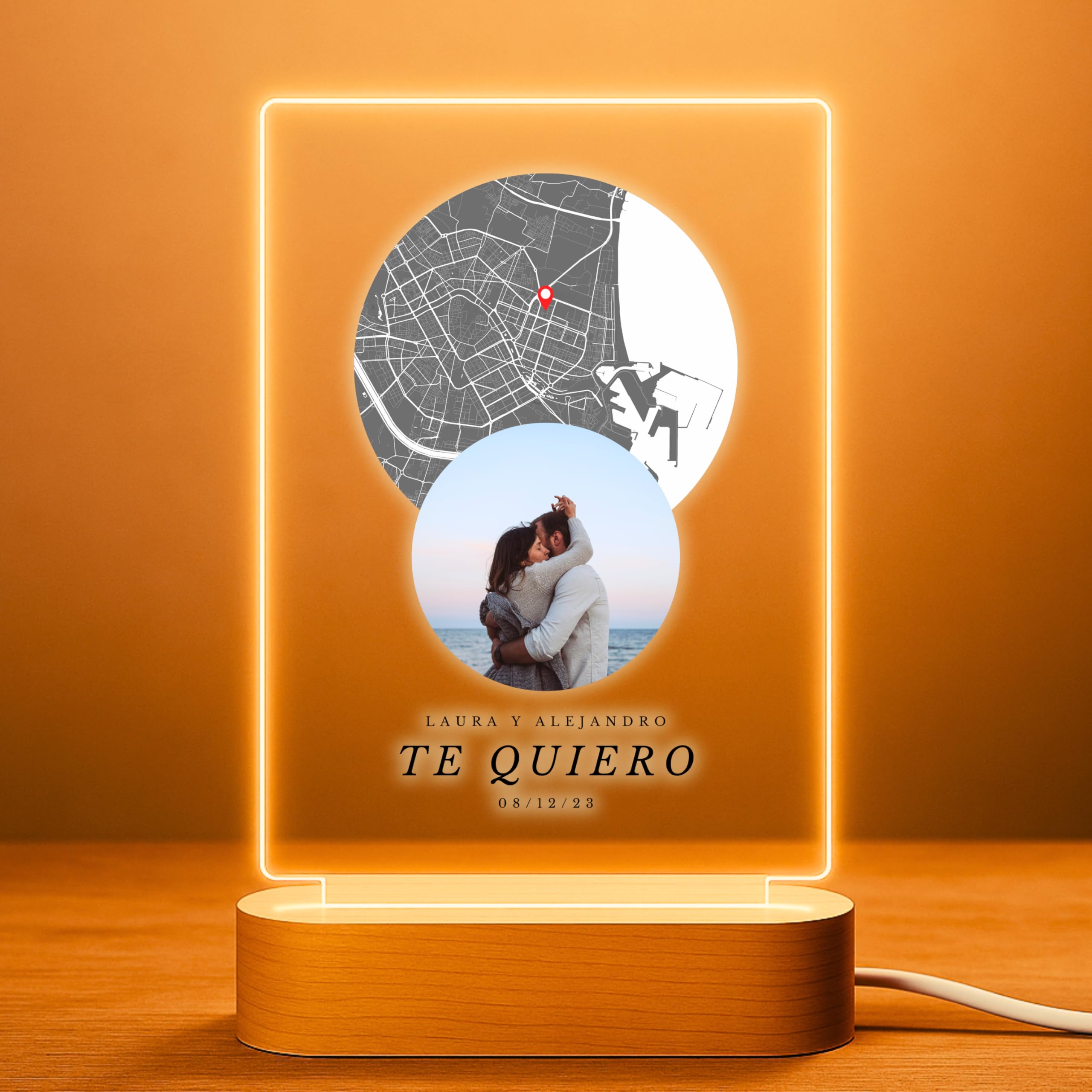 Cristal Plaque Lamparas Personalizadas con Mapa y Foto Personalizada Spotify – Regalo Romántico con Luces Led y Metacrilato Transparente para Parejas y Mensaje Personal
