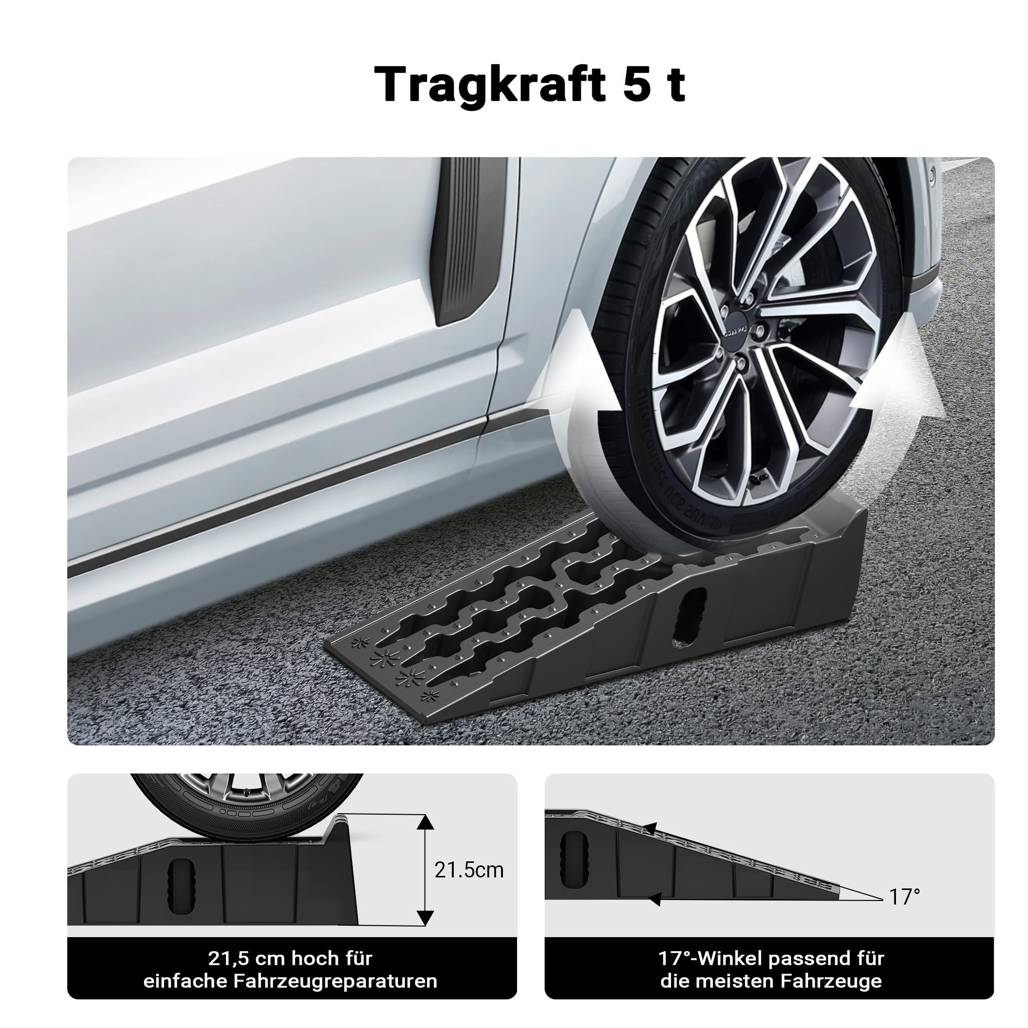 Wiltec Auffahrrampe für Pkw 2er Set bis 5 t Traglast, robuste Autorampen aus PP, Unterlegkeile 90,5 x 30 x 21,5 cm, Auffahrkeile mit rutschsicherem Boden, ideal für Wartungsarbeiten