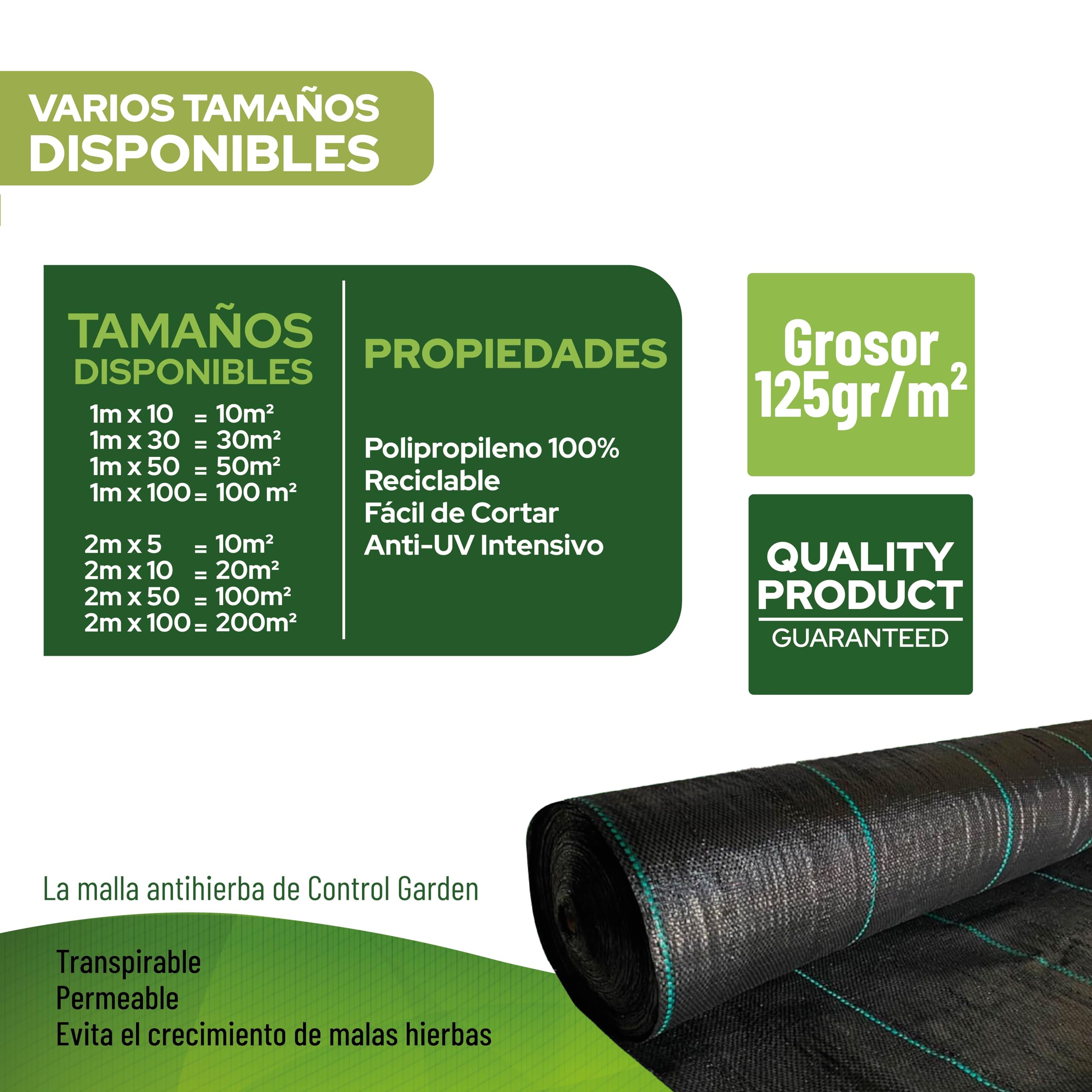 Control Garden Malla Antihierbas 2 x 50m Grosor 105gr | Malla Anti Malas Hierbas y Maleza para Jardín, Huerto, Cesped | Lona Antigerminante Transpirable, Permeable y Resistente