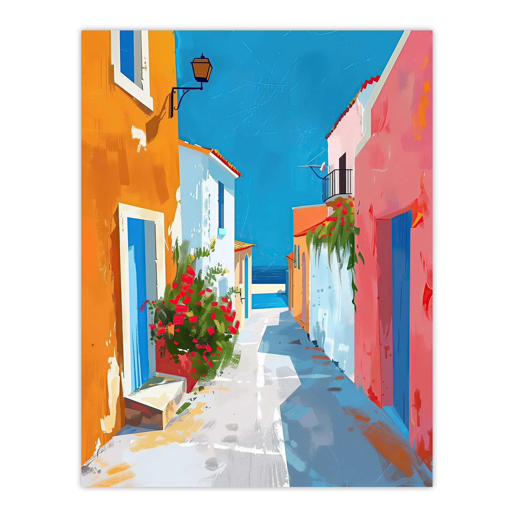 Artery8 Greek Coastal Village Street Painting Calm Sunny Bathroom Toilet Extra Large XL Wall Art Poster Print
