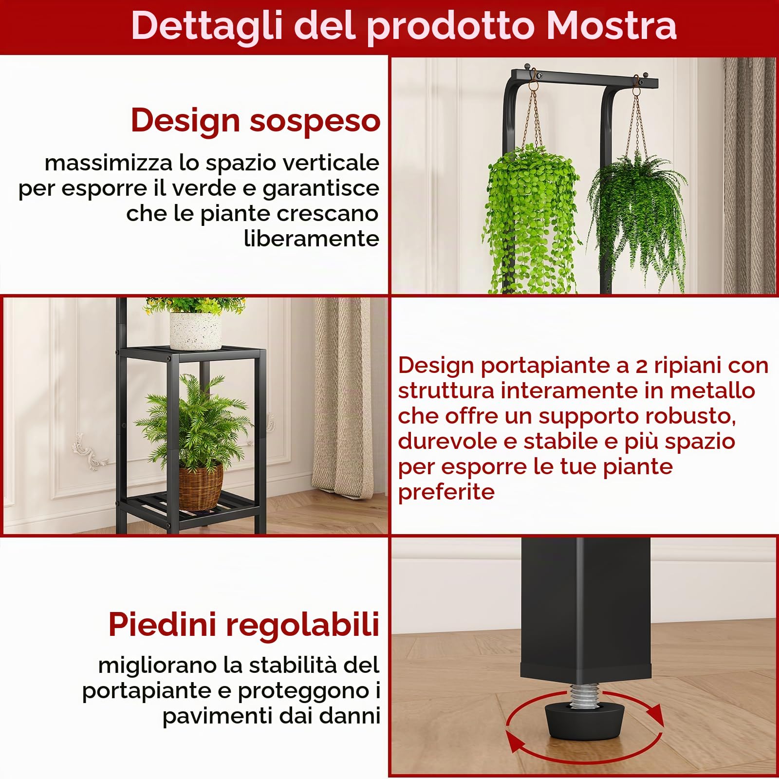 IBUYKE 170cm Alto Supporto per Piante per Interno Esterno, 3 Livelli Supporto per Fiori in Metallo Sospeso, Scaffale per Piante Porta per Fiori per Soggiorno Balcone Giardino, Nero TMJ076B