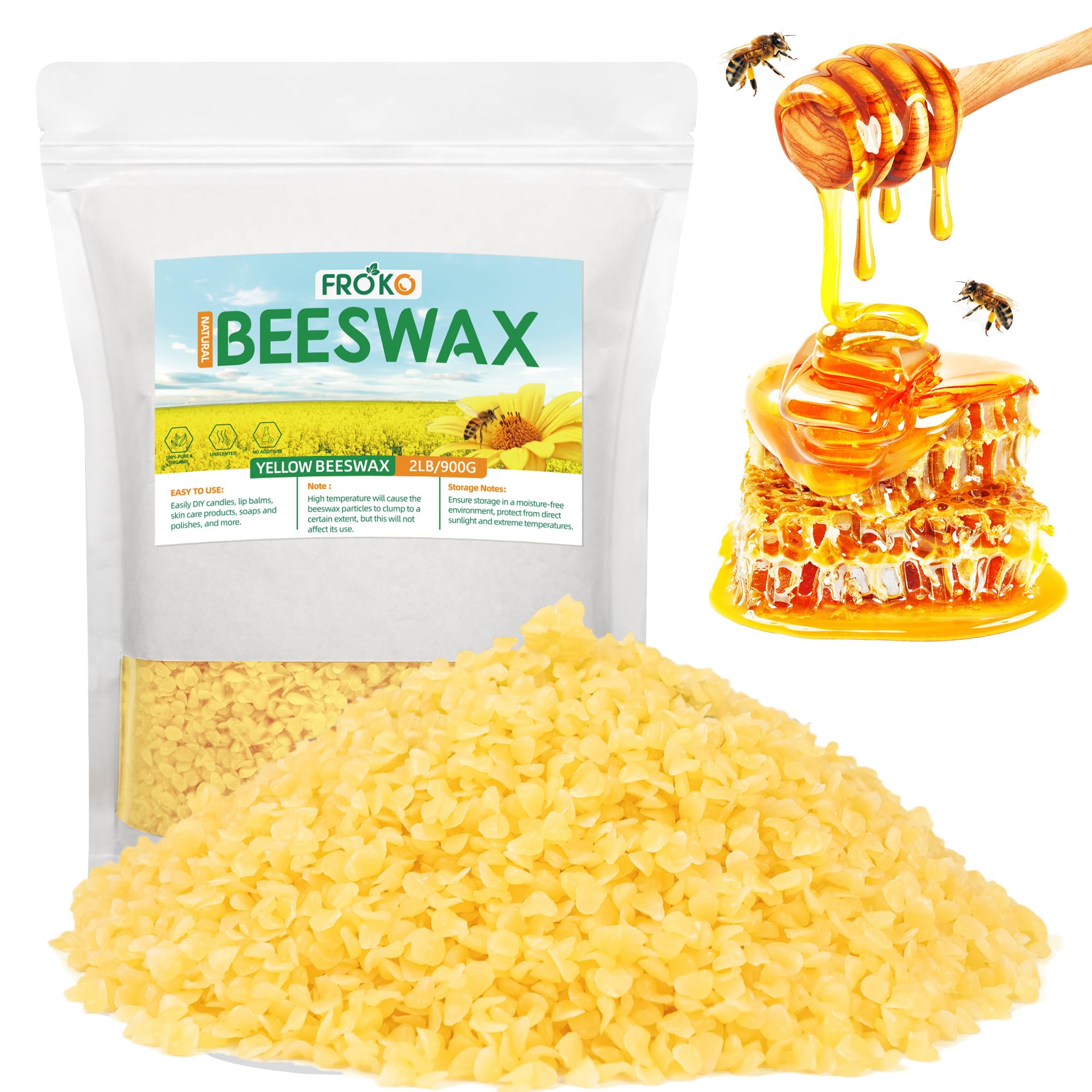 FROKO Yellow Natural Beeswax Pellets 2LB, Organic Beeswax, Beeswax for Candle Making, Body, Skin Care DIY, Lip Balm, Soap and Lotion Making Supplies