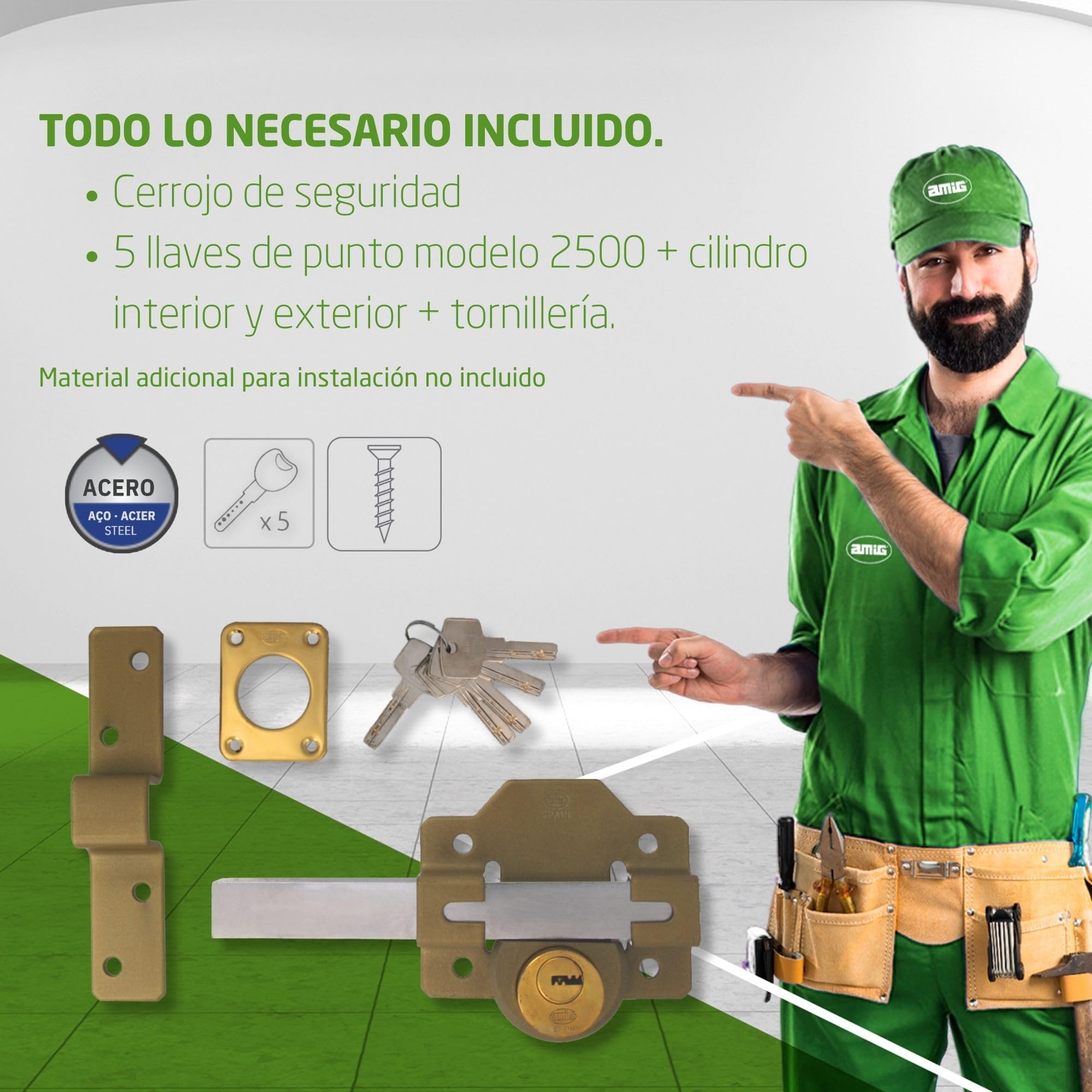 Amig - Cerrojo de Sobreponer con Cilindro Redondo Interior y Exterior Mod. 4-88 x 153 mm - Cerradura de Seguridad con Llave - Incluye 5 Llaves de Punto - Acero Martelé