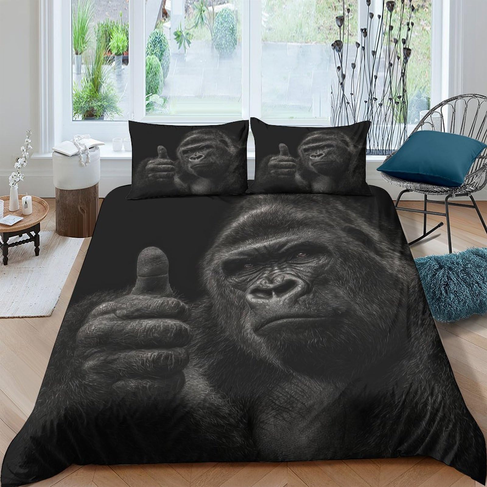 Ctjqhvkz Style-4 3D Printed Gorilla Thumbs Up Fitted Sheet Microfiber Soft Black Monkey Art Mattress Cover Bedroom Decor Single（135X200cm）