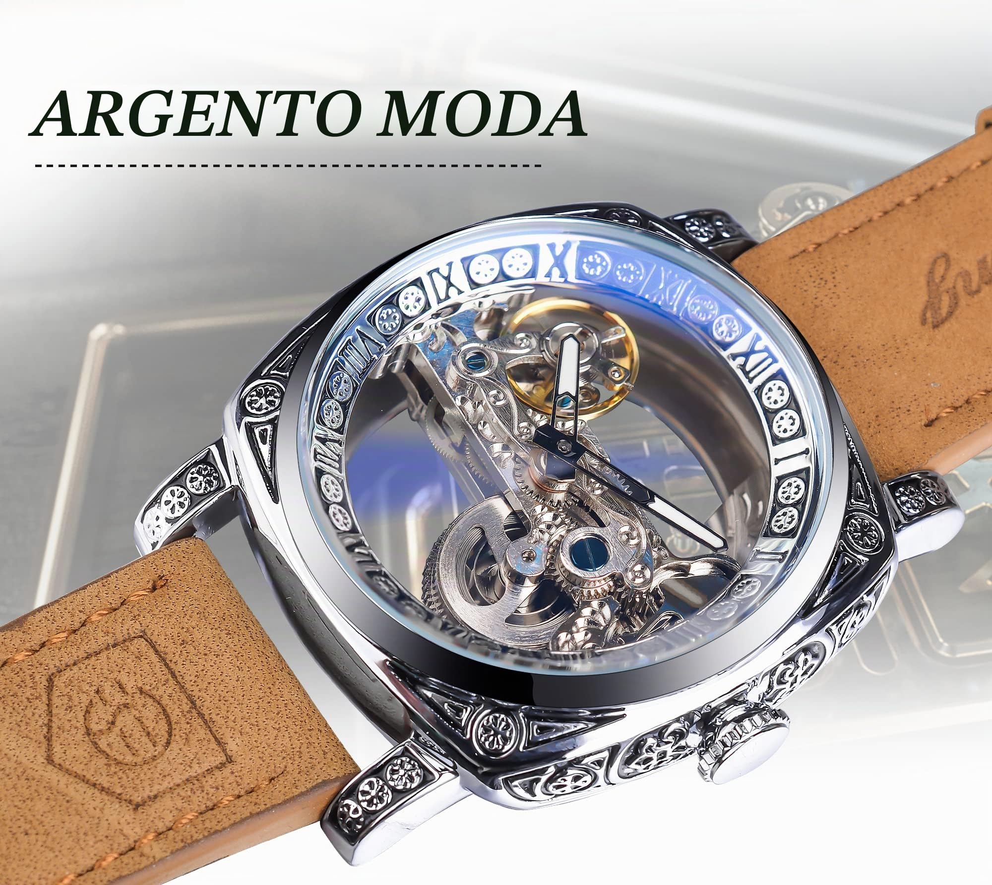 FORSINING Orologio da polso da uomo, alla moda, classico, scheletrato, quadrato, quadrante trasparente, automatico, meccanico, in pelle, luminoso, impermeabile