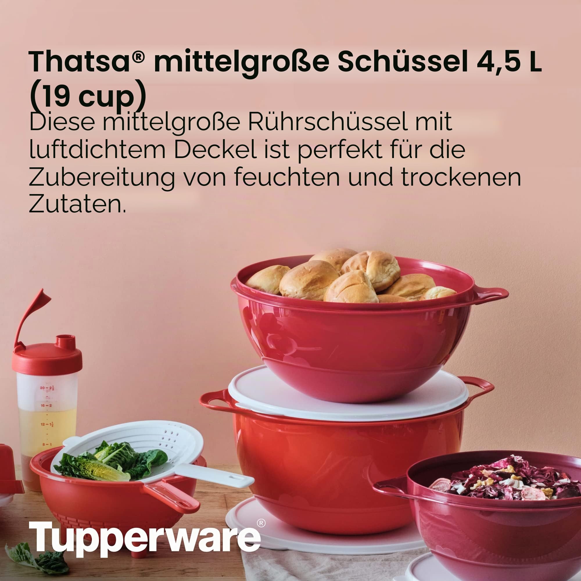Tupperware Brand Thatsa Mittelgroße Vorbereitungs und Aufbewahrungsschüssel, 4,5 l (19 Tassen) – spülmaschinenfest und BPAfrei – luftdichter, auslaufsicherer Lebensmittelbehälter mit Deckel –