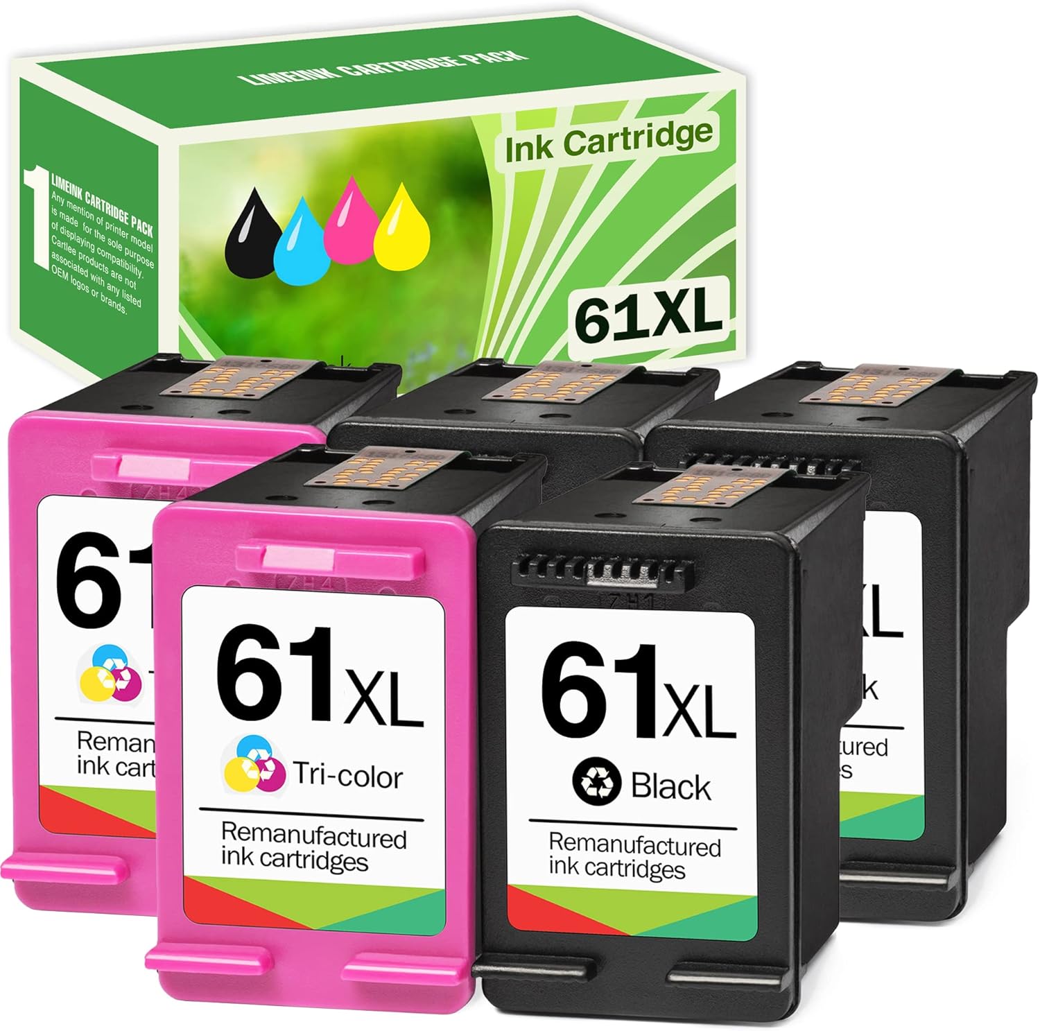 Limeink 5 Remanufactured Ink Cartridge Replacement 61XL High Yield for HP 1000 1010 1050 1055 1510 1512 2000 2050 2510 2512 2514 2540 2542 2543 2549 3000 3050 3050A 3054A 3051A Envy (3 Black, 2 Color)