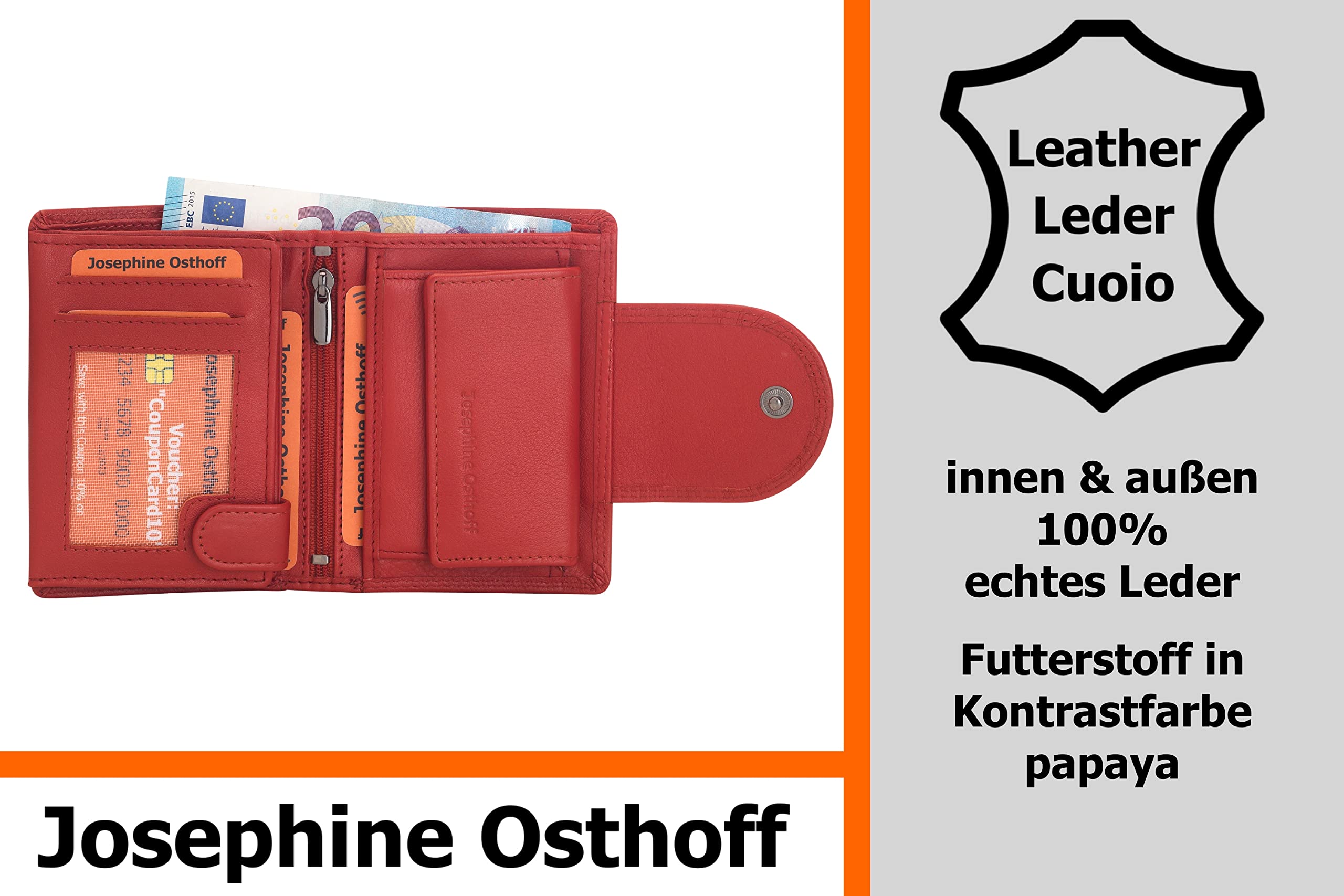 Josephine Osthoff Geldbörse Damen Wiener Schachtel, Platz für 11 Karten, Minibrieftasche mit Münzfach, Portemonnaie Herren Geldbeutel aus echt Leder mit RFID-Schutz (934), Farbe:Kirsche