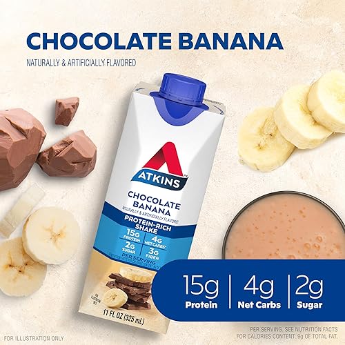 Miniatura 3 de Atkins Batido de proteína de chocolate y plátano, 0.55 onzas de proteína y café caramelo, batido de proteína de café helado, 0.55 onzas de proteína,