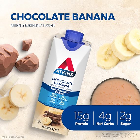Atkins Chai Tea Latte and Chocolate Banana Protein Shakes Bundle, 15g Protein, Low Glycemic, 3-4g Net Carbs, 1-2g Sugar