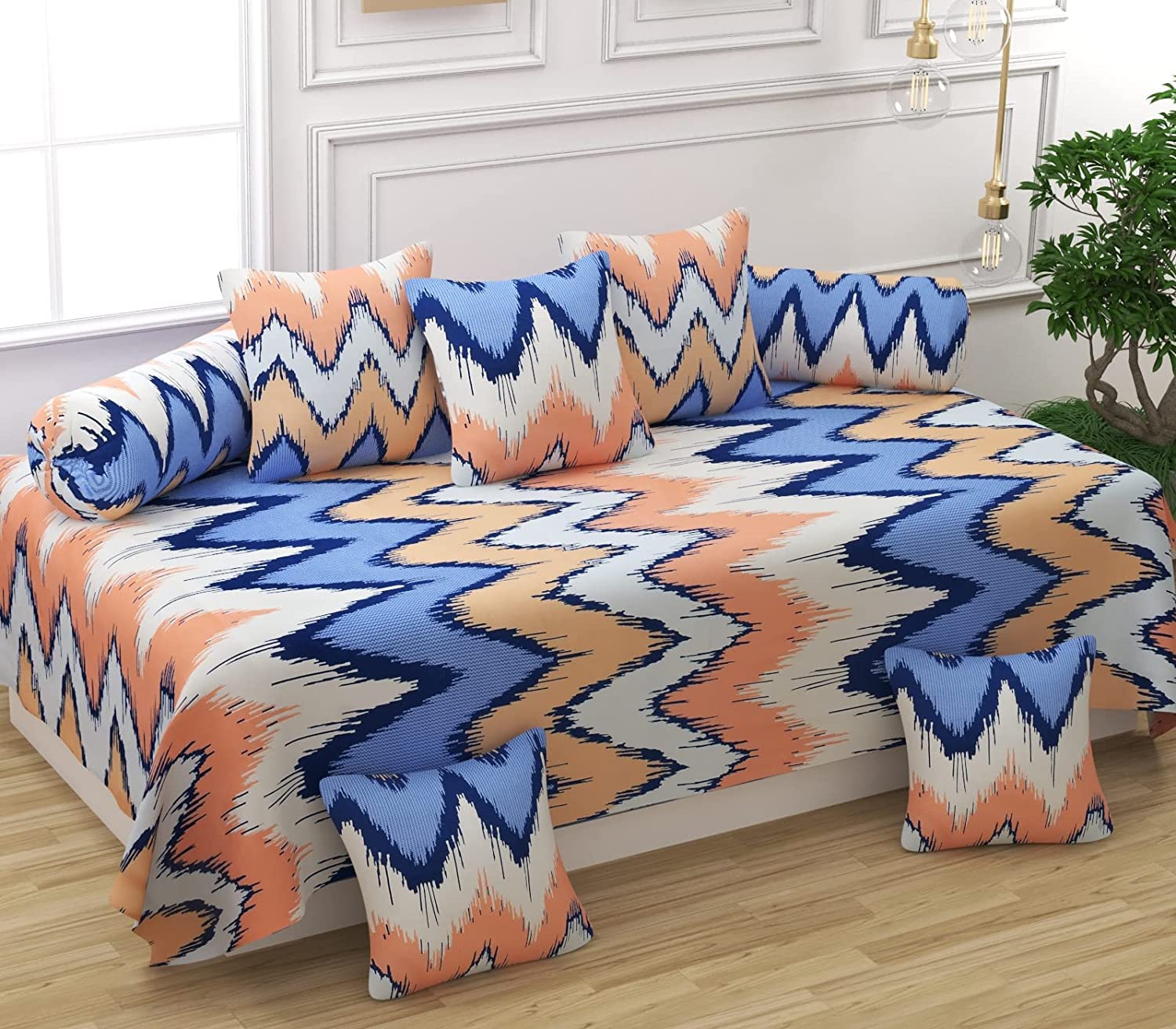 Sands® 180 TC Diwan Cover Set, 1 Single Bedsheet (60 x 90 inch), 5 Pillows (16 x 16 inch), 2 Bolster Covers (16 x 32 inch) (Bijlai Multi)-picture-32