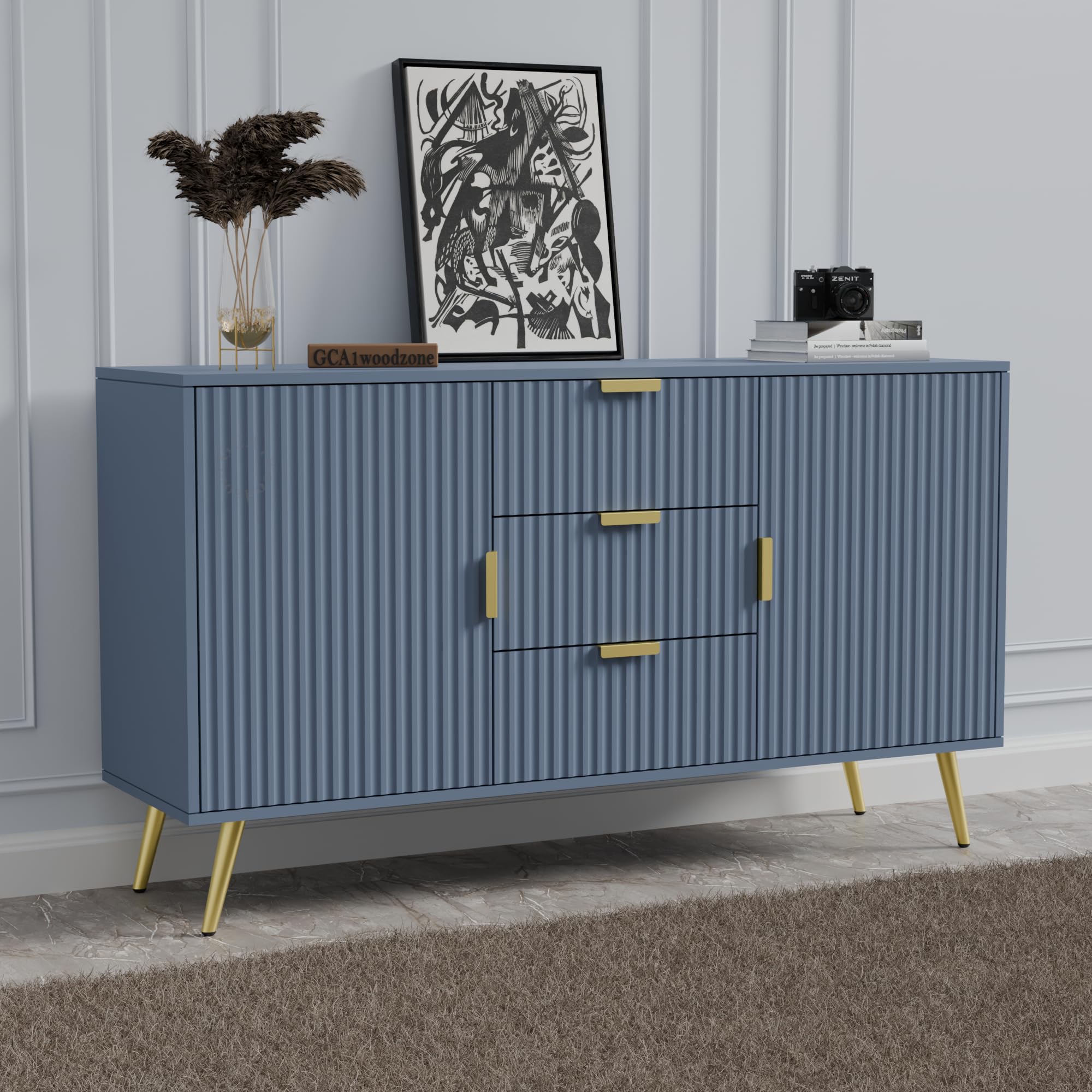 Wooden Sideboard Cabinet for Living Room | Side Board with 3 Drawers & 2 Doors Cabinet Storage for Dining, Drawing and Home Office | HDMR Premium Wood & Iron | Dark Grey & Golden-image-41
