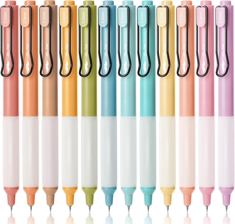 Mr. Pen- Bolígrafos de gel retráctiles, paquete de 12, tinta negra, barriles pastel | Punta fina de 0,5 mm, secado rápido, escritura suave, lindos bolígrafos para dibujar, planificador de escritura y útiles escolares