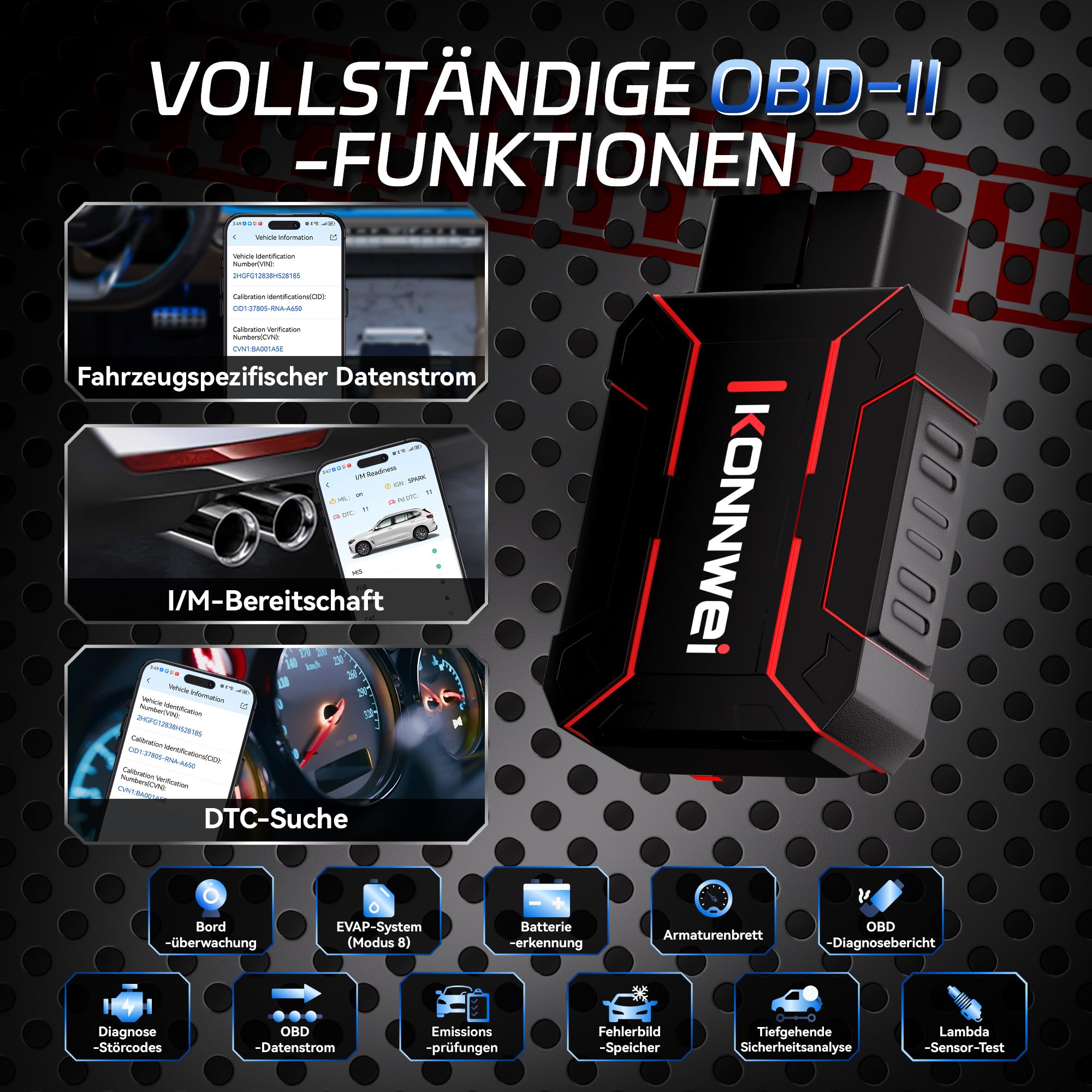 KONNWEI OBD2 Diagnosegerät Auto Scanner Alle System Scan, Obd2 Auslesegerät mit DTC-Definition, 8 Sprachen, Spannungserkennung, Lebenslange Kostenlose Updates, für iOS und Android