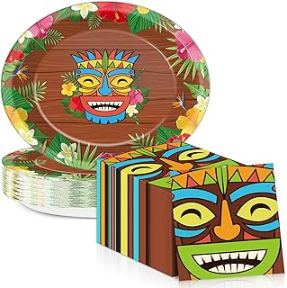 50Pcs Hawaiian Luau Party Oval Paper Plates 11 Inch Luau Summer Plates and Napkins for Tropical Tiki Themed Decorations Disposable Serving Trays for Summer Beach Aloha Birthday Tropical Party Supplies