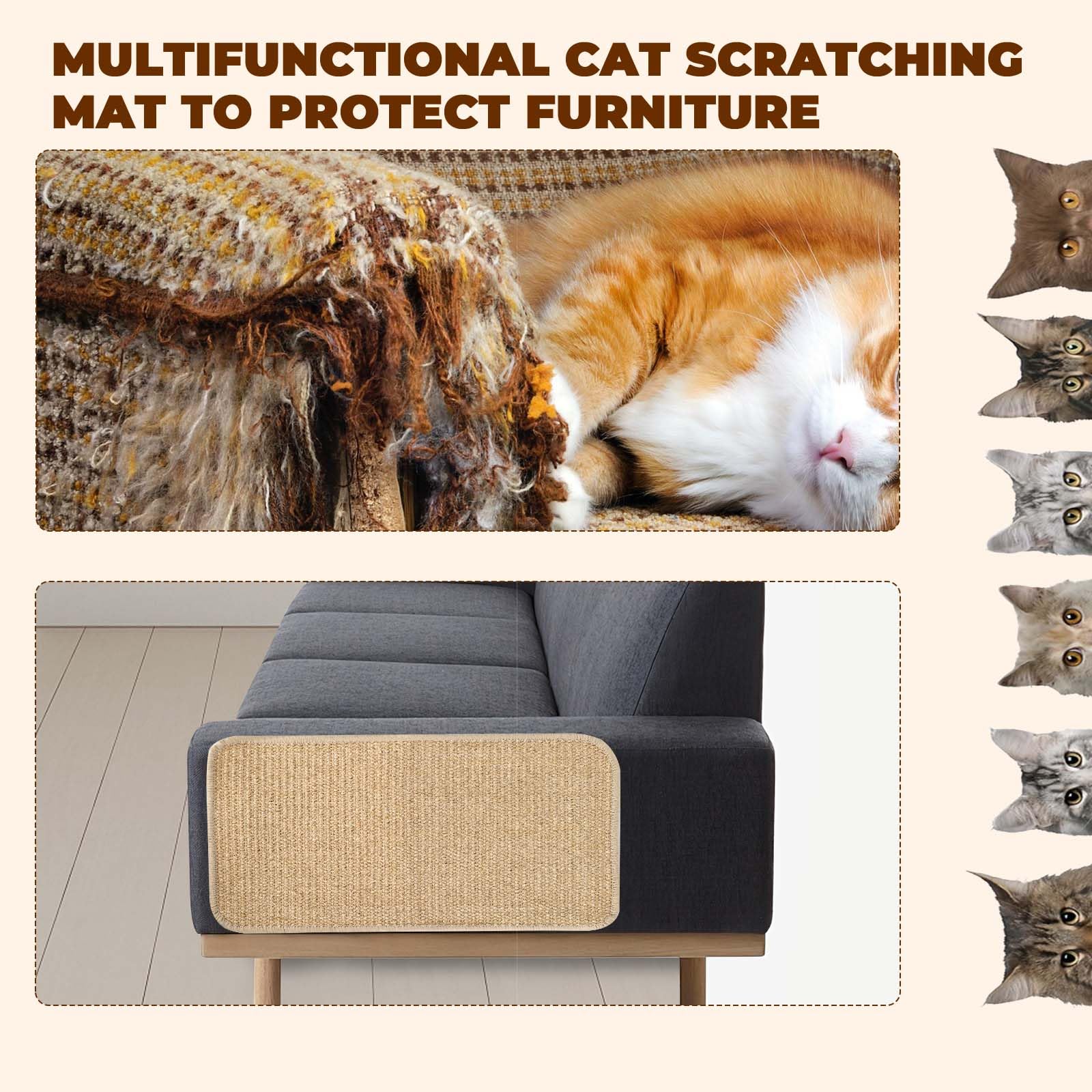 2 Pièces Tapis Griffoir pour Chat, Anti-dérapant Horizontal et Vertical en Sisal, Grattoir pour Protéger Les Meubles, 50x25cm