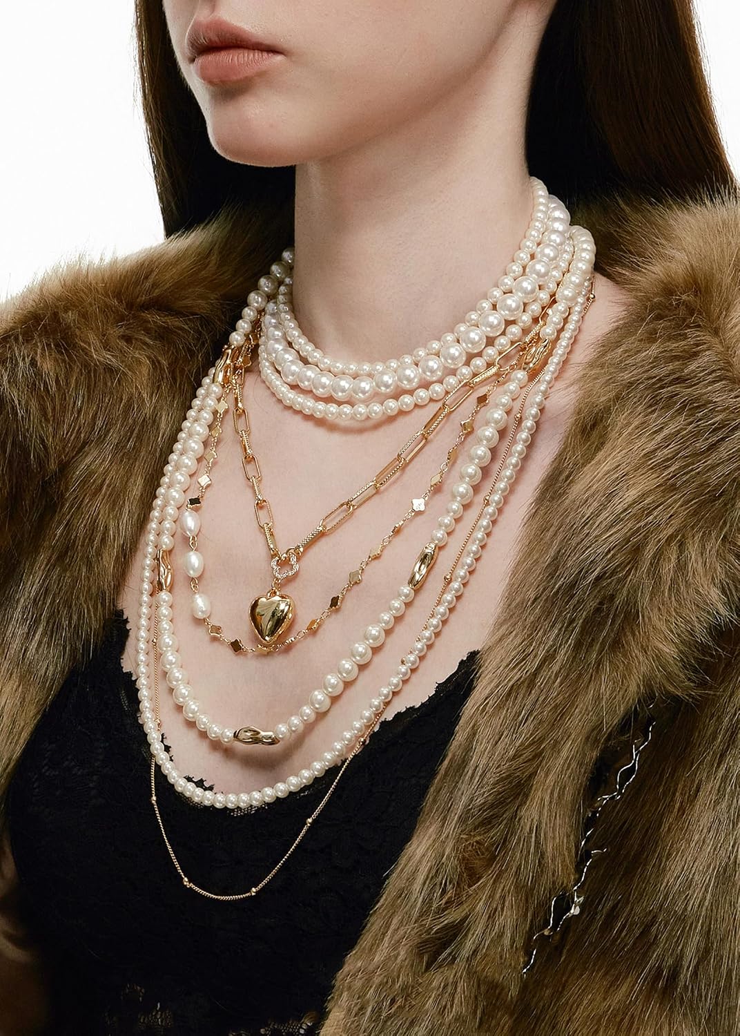 Boho Multi Strand Pearl Layered Necklace, Gold Paperclip Chain Heart Pendant, Stackable Choker for Party Rave Daily Wear