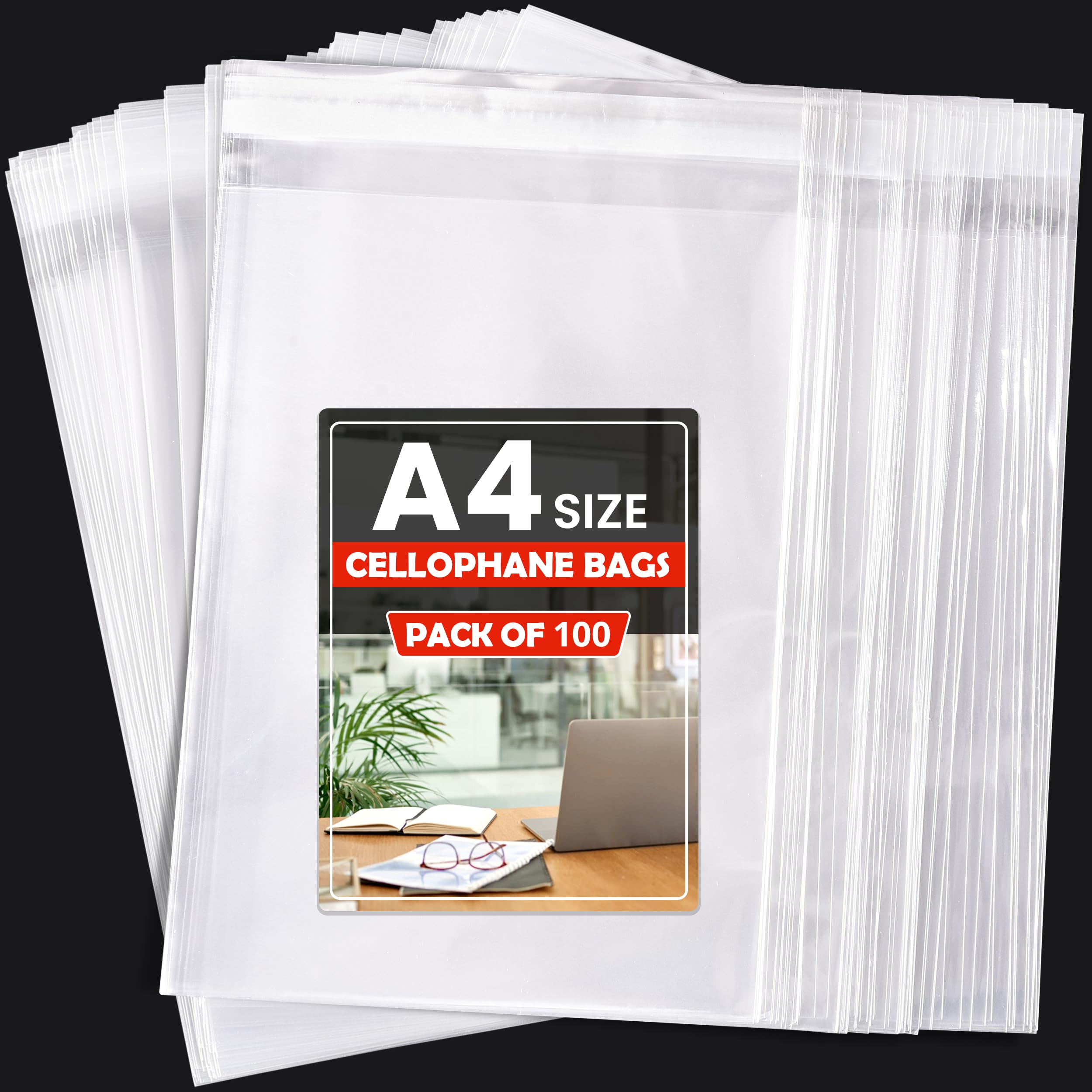 Cellomania Clear A4 Self Sealing Cellophane Bags (100 Pack) – Self-Adhesive Opp Gift Bags For Cards, Sweets, Treats & Packaging – Transparent Food-Safe Sealable Plastic Cello Bag For Cookies