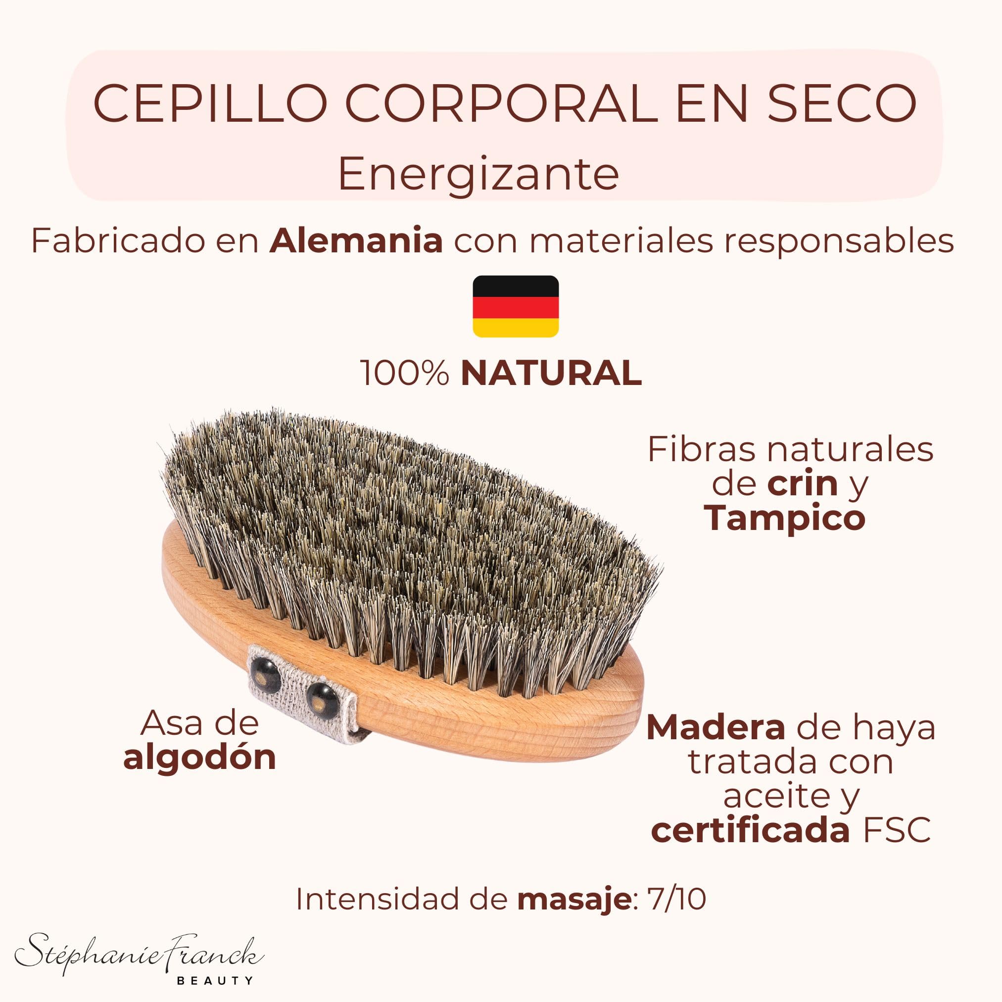 Cepillo seco de drenaje linfático – Dry Brushing antielilitis, exfoliación natural, energía – Fibras de Tampico & Crin de Caballo – Made in Germany