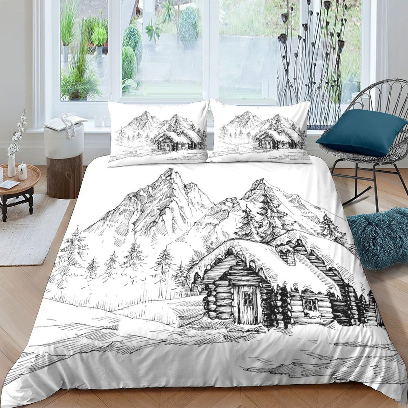 Ctjqhvkz Style-1 3D Printed Mountain Cabin Fitted Sheet Microfiber Soft Breathable Forest Landscape Bed Cover For Bedroom Dorm Mattress Protection Decor Single（135X200cm）