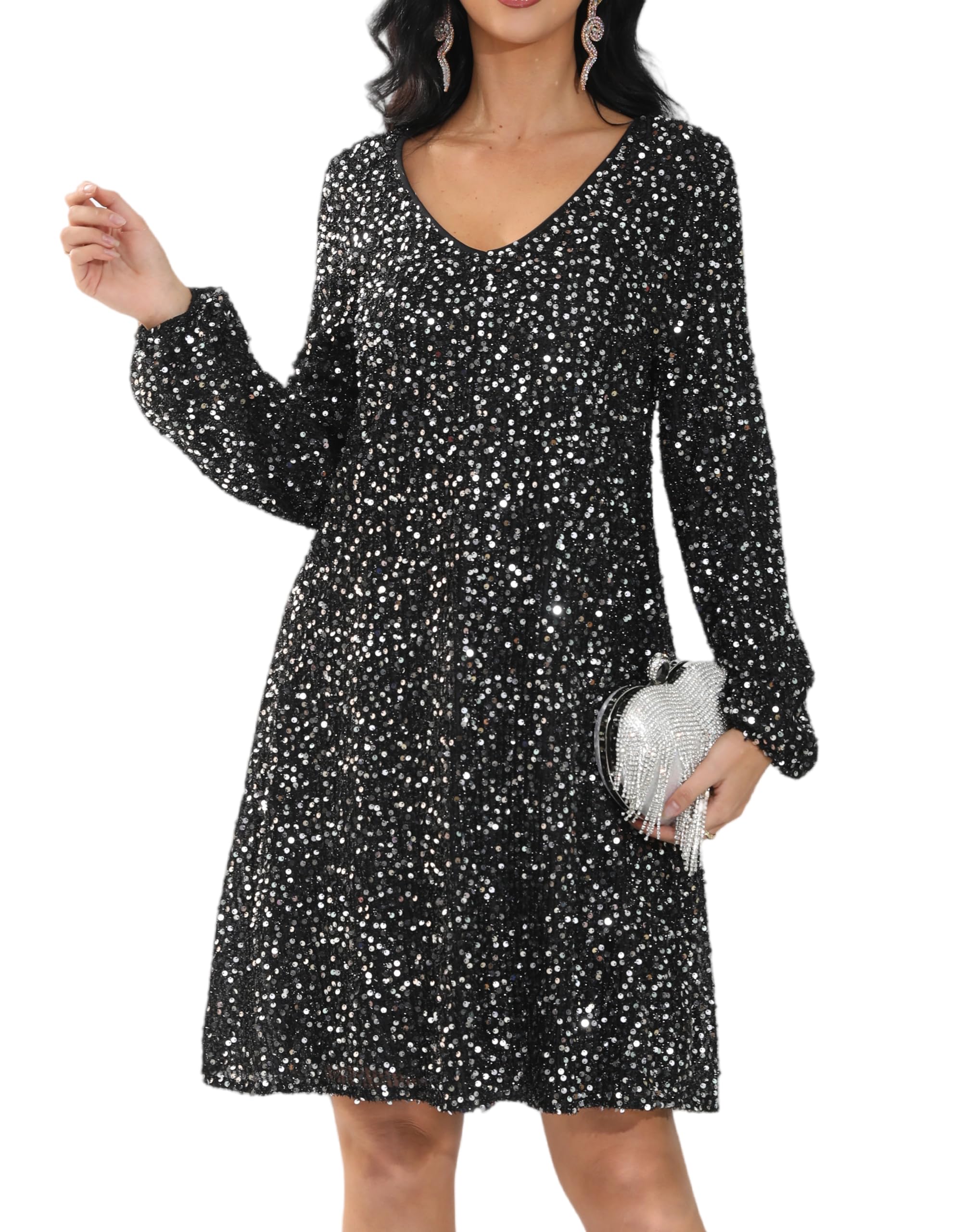 CARE LUCK Sequin Dress for Women Sparkly Evening Party Dress, Black Glitter Formal Gown with Long Sleeves V Neck