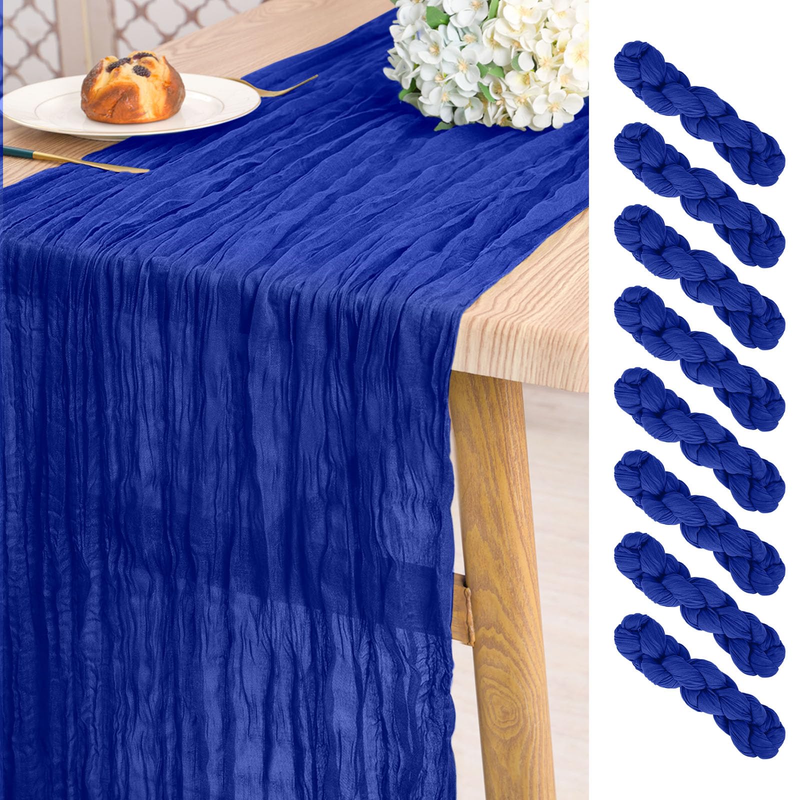 8 Pack Royal Blue Gauze Cheesecloth Table Runner ,10ft Long Gauze Boho Wedding Table Runners 21.5 x 120 Inch for Wedding,Bridal Shower,Party,Banquet Decoration