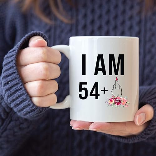Miniatura 3 de Regalo de 55 cumpleaños para mujeres, 54 + un dedo medio, lindo divertido regalo para ella, taza única de Bday para mejor amiga girando 55 (taza de