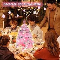 Siebwin Rózsaszín Mini Karácsonyfa 60 cm - LED Világítással, Csillag Csúcsdísszel és Dekorációkkal - Műfenyő Íróasztalra, Irodába, Otthonra 2