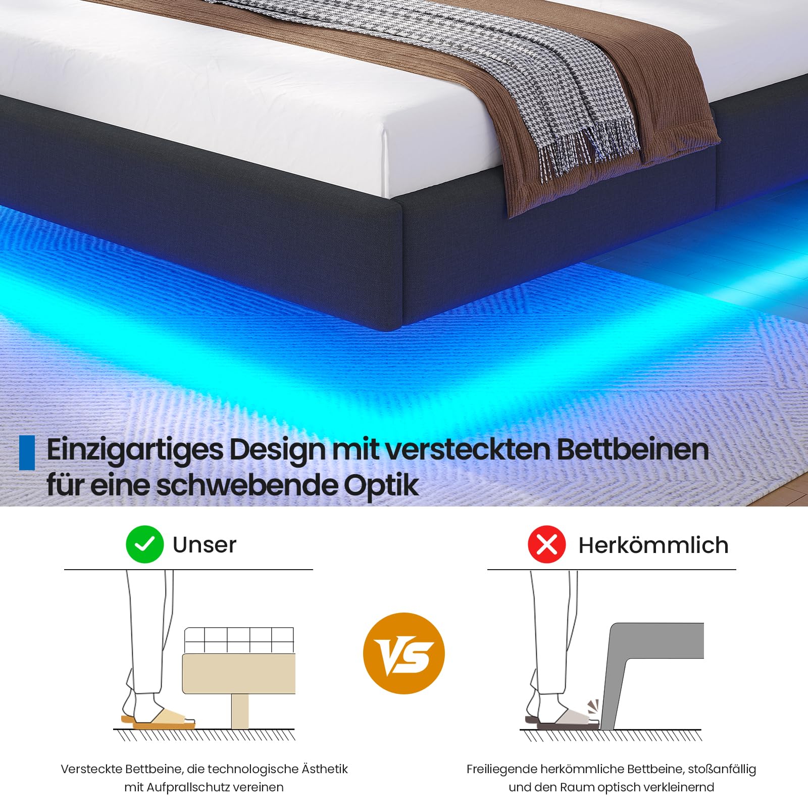 Brinlawb Schwebebett Polsterbett 90x200 cm mit LED-Beleuchtung und Ladestation (2 Steckdosen, 1 USB-A, 1 USB-C) Polsterkopfteil mit offenem Regal und verstecktem Stauraum, Jugendbett 90x200 cm Grau