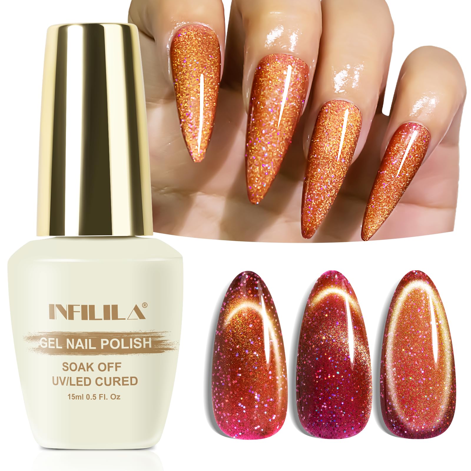 NXJ INFILILA Cat Eye Gel Polish, 15ML Holographic Pink Orange Glitter Magnetic Reflective Gel Salon Manicure and Nail Art DIY at Home