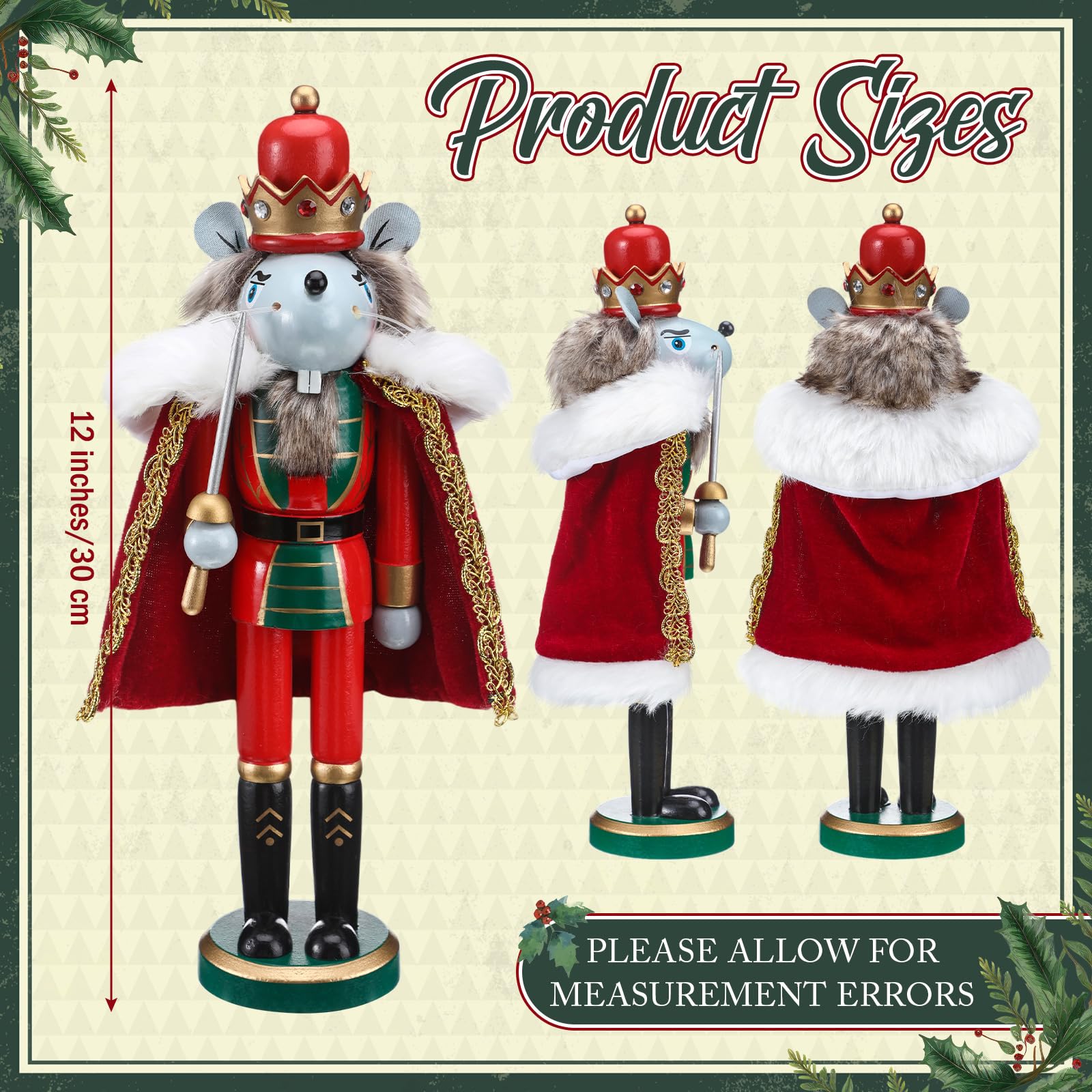 Yousoontic 12 Inch Mouse King Wooden Nutcracker Christmas Decor Traditional Wooden Nutcracker Rat King Christmas Decorative Nutcracker Festive Holiday Tabletop Decor Christmas Gift for Shelves Tables