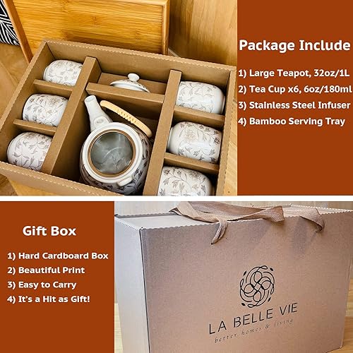 Miniatura 5 de Juego de té tradicional japonés blanco, con bandeja e infusor para 6 personas, olla de porcelana (32 onzas) y tazas, bonito regalo para cumpleaños,