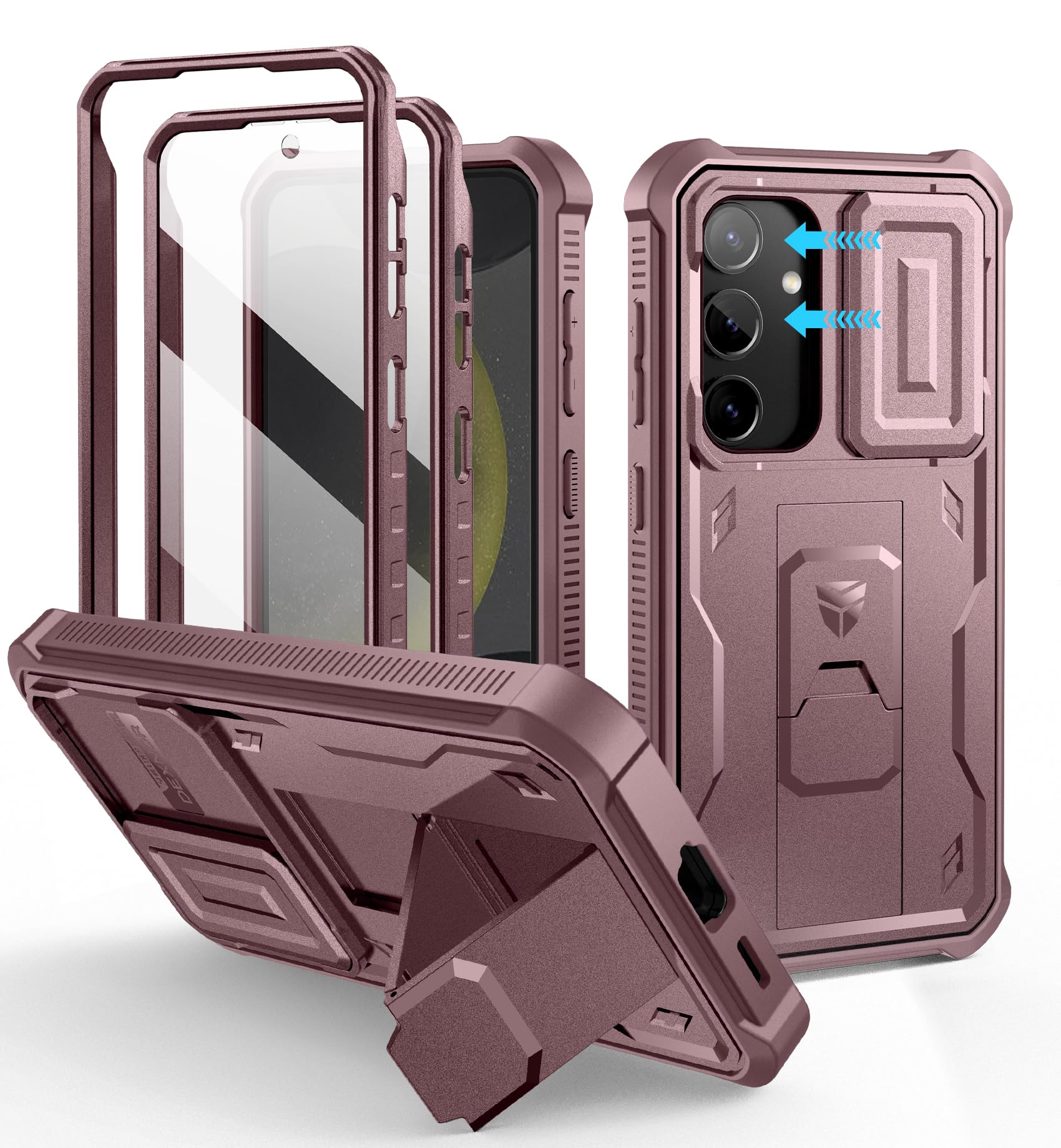Dexnor for Samsung Galaxy S24 Case with Built-in Slide Camera Cover &amp; Screen Protector &amp; Kickstand, Heavy-Duty Shockproof Rugged Case Full-Body Bumper Protective Cover for Galaxy S24 (2024),Peony Pink