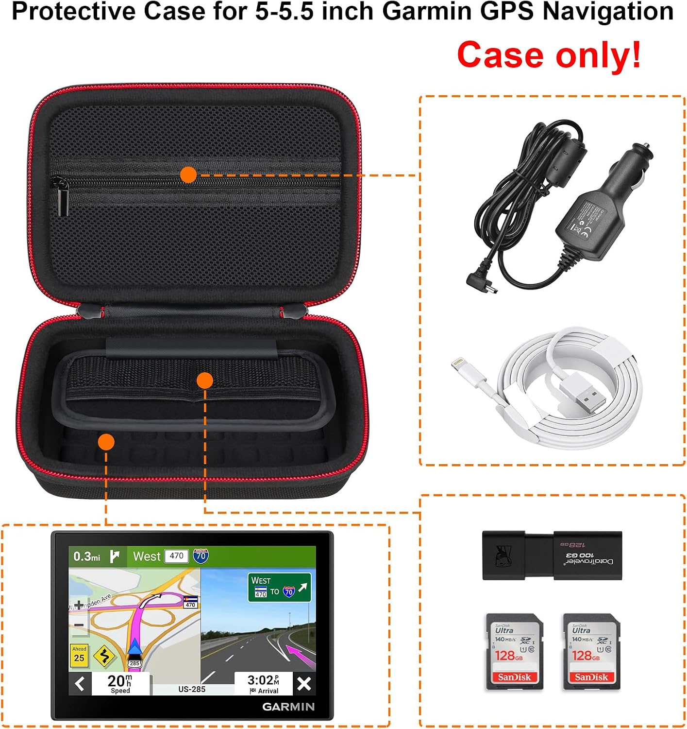 RAIALL Hard GPS Case for 5-5.5 inch Garmin Drive 52/53, DriveSmart 55, Garmin zūmo XT, dezl OTR500, zumo 396 LMT-S GPS Navigation System, Mesh Pocket for Car Charger and USB Cable, Black