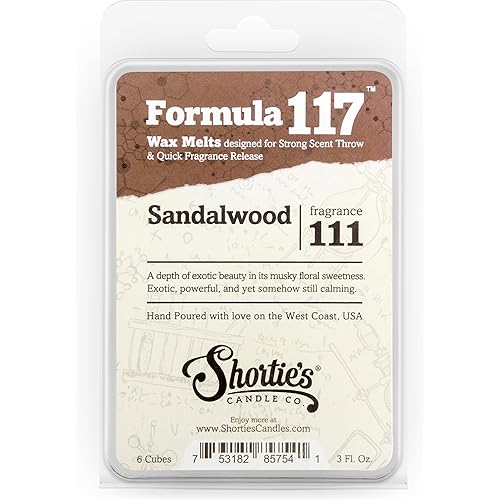 Shortie's Candle Company Pure Sandalwood Wax Melts - Formula 117-1 Highly Scented 3 Oz. Bar - Made with Natural Oils - Incense & Earth Air Freshener Cubes Collection