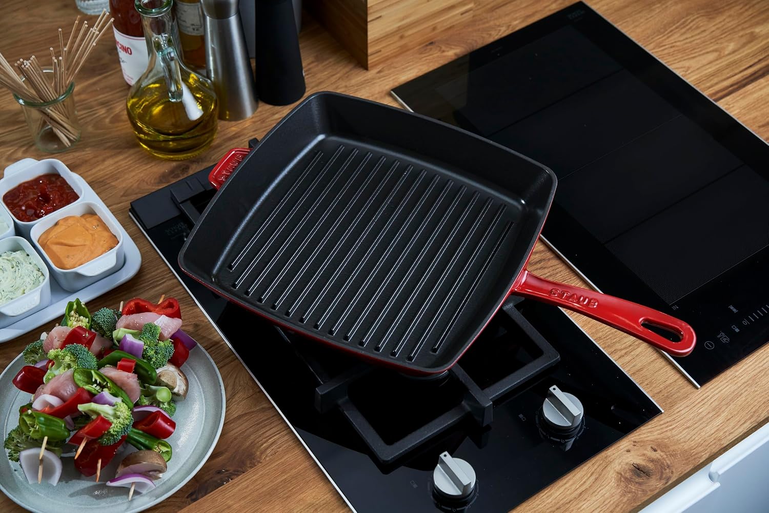 Staub American Grill Pan Cast Iron Suitable for Induction Cookers 26 cm Cherry Red