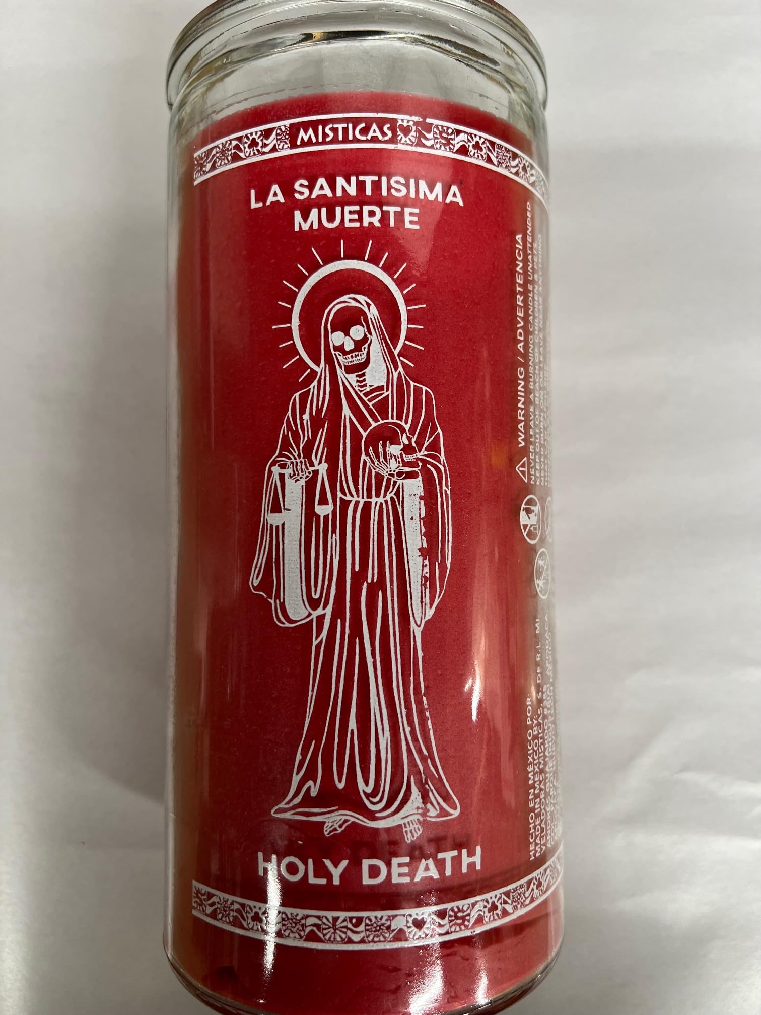 Holy Death/Santa Muerte 14 Day Unscented Red Candle in Glass (La Santisima Muerte)