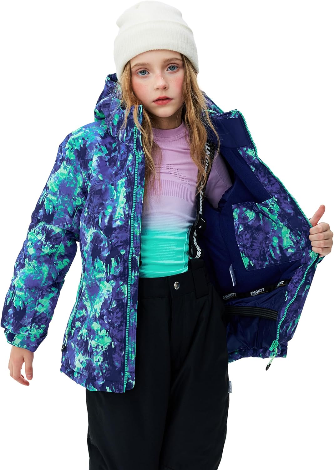Girls Boys Ski Suit Kids Snowsuits Waterproof Snowboard Elastic Hood Jacket with Bib Pants, Windproof Winter Warmth(14 Years,KALEIDOSC BLUE)