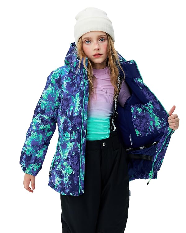 SMONTY Girls Boys Ski Suit Kids Snowsuits Waterproof Snowboard Elastic Hood Jacket with Bib Pants, Windproof Winter Warmth(6-7 Years,KALEIDOSC BLUE) by SMONTY - Image 8