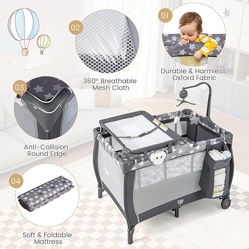 Miniatura 3 de Costzon Paquete 3 en 1 con moisés, corralito portátil para bebé con cambiador, moisés, caja de música, juguetes giratorios, ruedasfreno, canasta